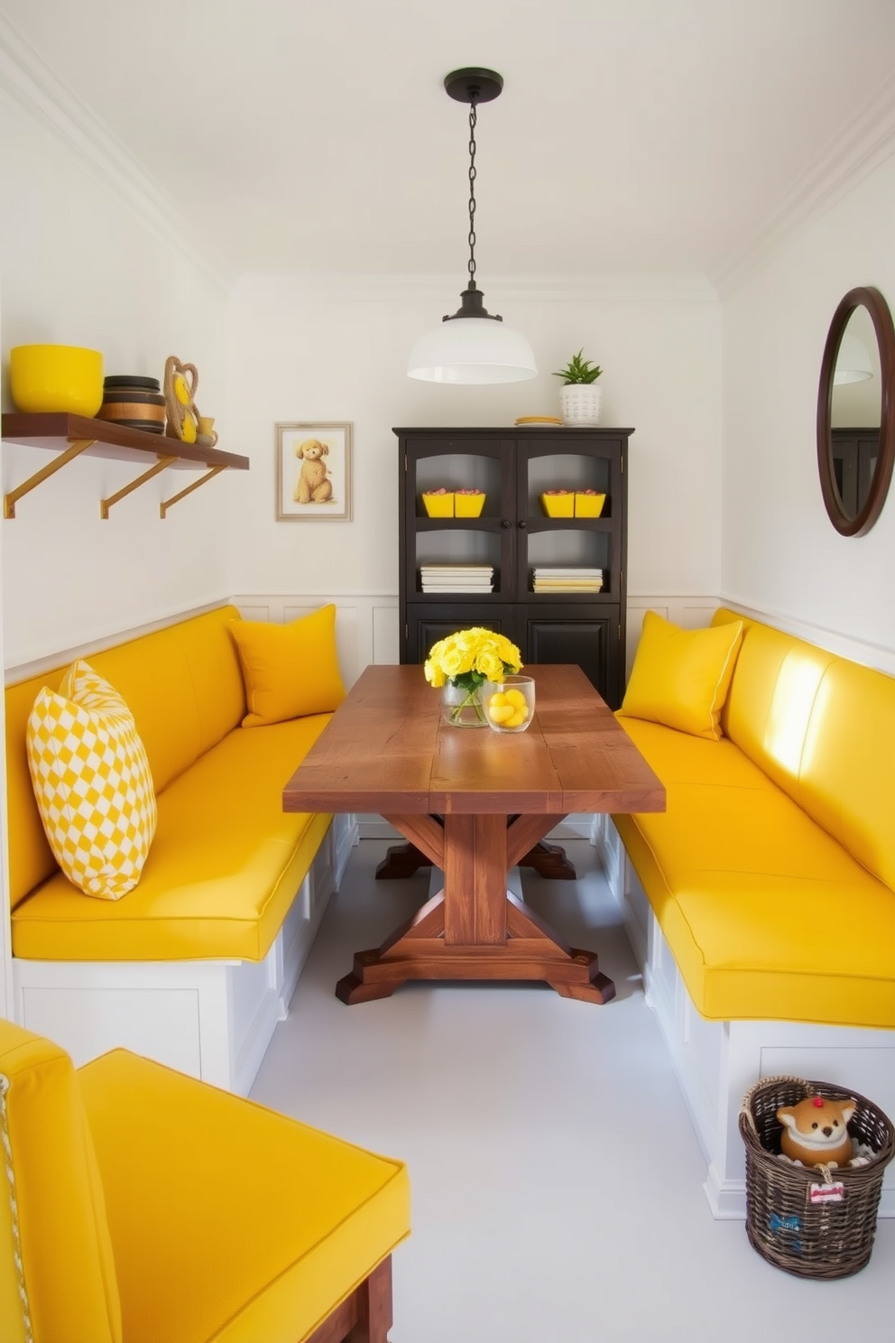 A bright and inviting pantry seating area features yellow upholstered benches surrounding a rustic wooden table. The walls are painted a soft white, enhancing the cheerful atmosphere created by the vibrant yellow accents in the cushions and decor.