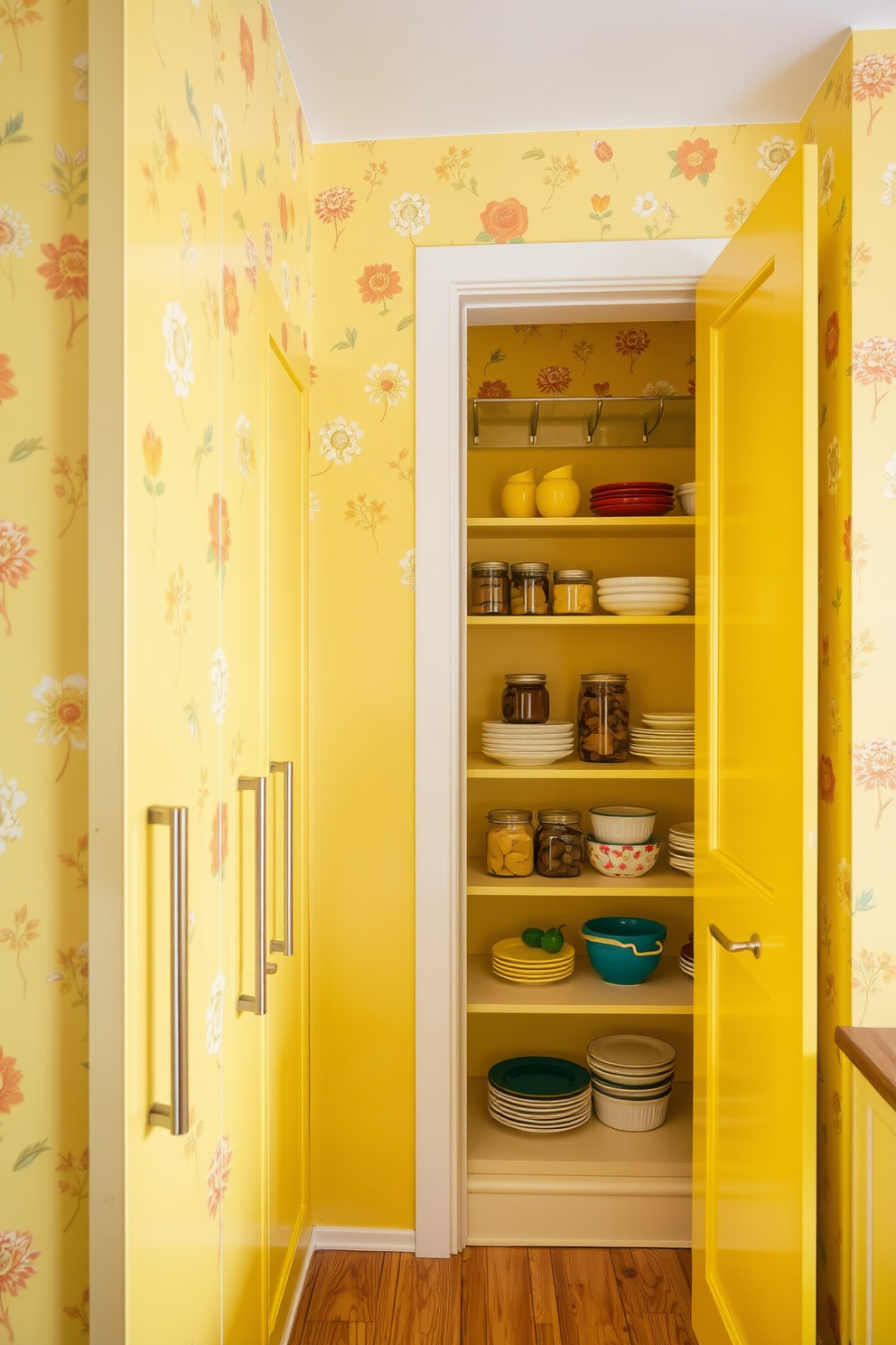 Sunny wallpaper to brighten the space. The walls are adorned with a cheerful yellow wallpaper featuring playful floral patterns that create a warm and inviting atmosphere. The pantry showcases bright yellow cabinetry with sleek handles. Open shelves display neatly organized jars and colorful kitchenware, enhancing the cheerful vibe of the room.