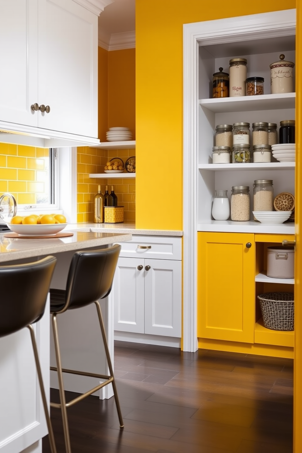 A vibrant kitchen featuring yellow accent tiles that add a unique touch to the overall design. The walls are complemented by crisp white cabinetry and a spacious island with bar stools. A stylish pantry with yellow cabinetry that creates a cheerful and inviting atmosphere. Open shelving displays neatly arranged jars and decorative items, enhancing both functionality and aesthetics.