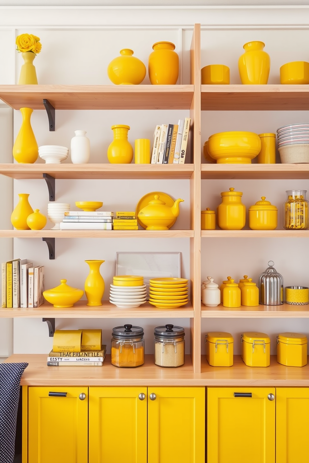 Open shelving displays a variety of yellow accent decor items such as vases, books, and kitchenware. The shelves are made of light wood, creating a warm and inviting contrast against a white wall. The pantry features a bright yellow color scheme with cabinets and shelving that enhance the cheerful atmosphere. Decorative elements like jars and canisters in varying shades of yellow complete the vibrant look.