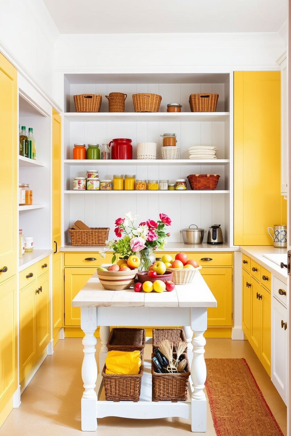 A bright and inviting pantry featuring yellow and white cabinetry. The walls are painted a soft white, creating a fresh and airy atmosphere. The pantry includes open shelving displaying colorful jars and baskets, adding a touch of personality. A farmhouse-style table in the center is adorned with fresh fruits and flowers, enhancing the cheerful vibe.