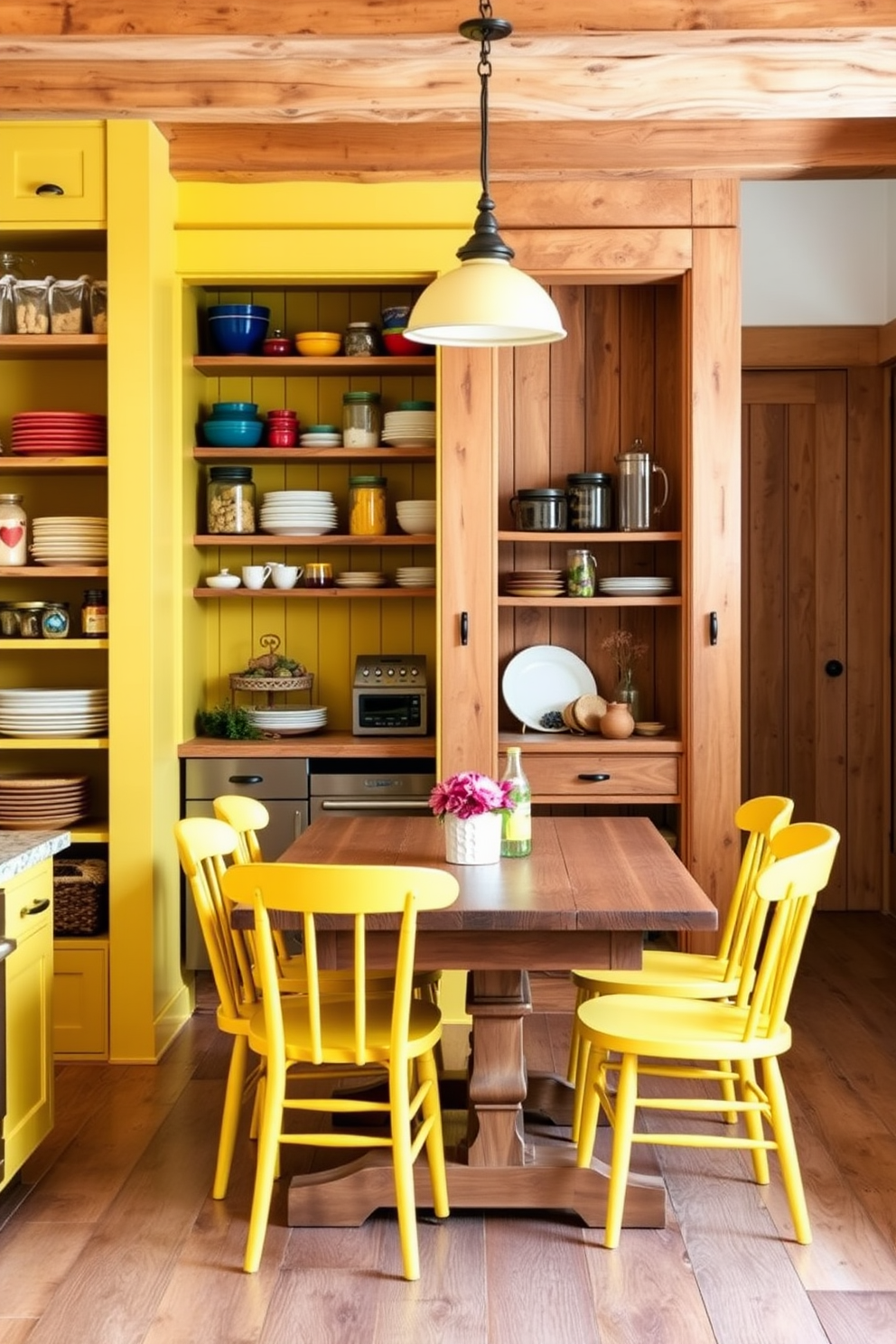 A cozy kitchen featuring rustic wood accents throughout the space. The pantry is painted a cheerful yellow, creating a bright and inviting atmosphere. Open shelving made of reclaimed wood displays colorful dishware and jars filled with ingredients. A farmhouse-style table with yellow chairs sits in the center, enhancing the rustic charm.