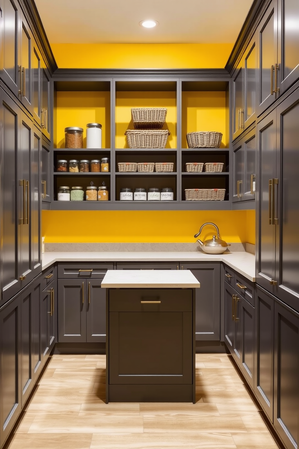 A stylish pantry featuring a yellow and gray color scheme. The walls are painted in a soft yellow, while the cabinetry is a rich gray with sleek hardware. Open shelving displays neatly organized jars and baskets, adding functionality and charm. A small island in the center provides additional storage and workspace, topped with a light gray countertop.