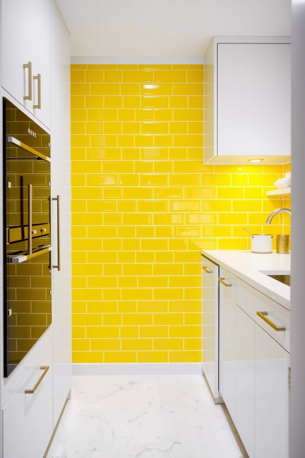 A vibrant yellow pantry design featuring a bold yellow tile backsplash that serves as a striking focal point. The cabinetry is sleek and modern, with ample storage space and a minimalist aesthetic that complements the bright tiles.