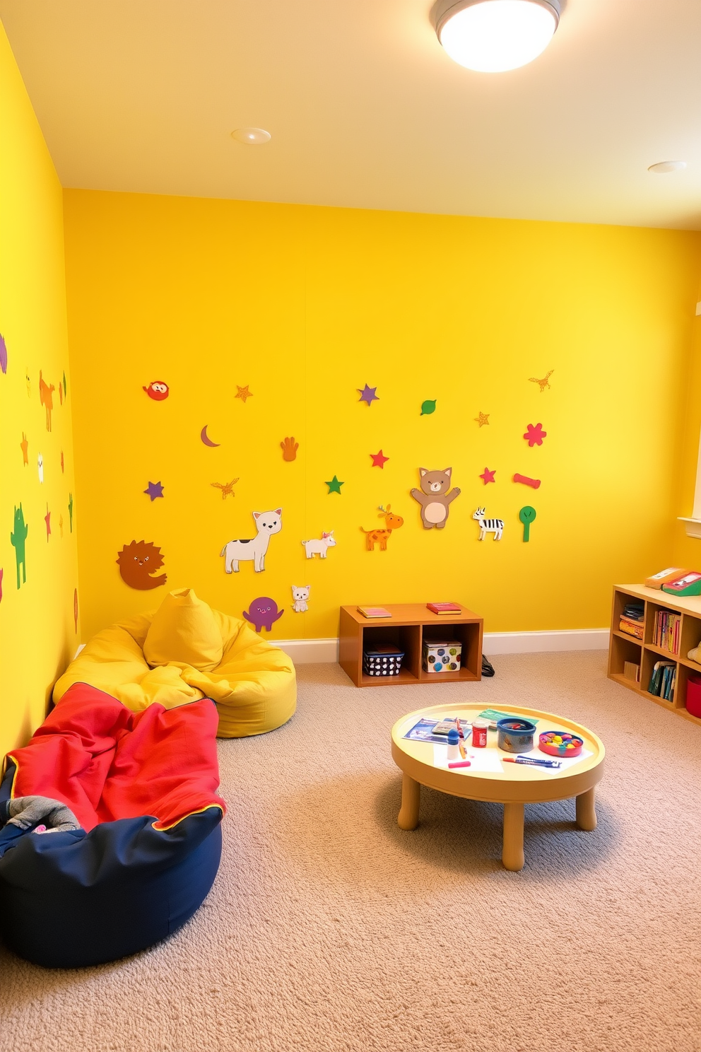 Bright yellow walls create a vibrant and cheerful atmosphere in the playroom. Playful decals of animals and shapes adorn the walls, sparking creativity and imagination in children. The flooring is a soft, plush carpet in a light gray shade, providing a comfortable area for play. Colorful bean bags and a low table with art supplies invite kids to engage in creative activities.