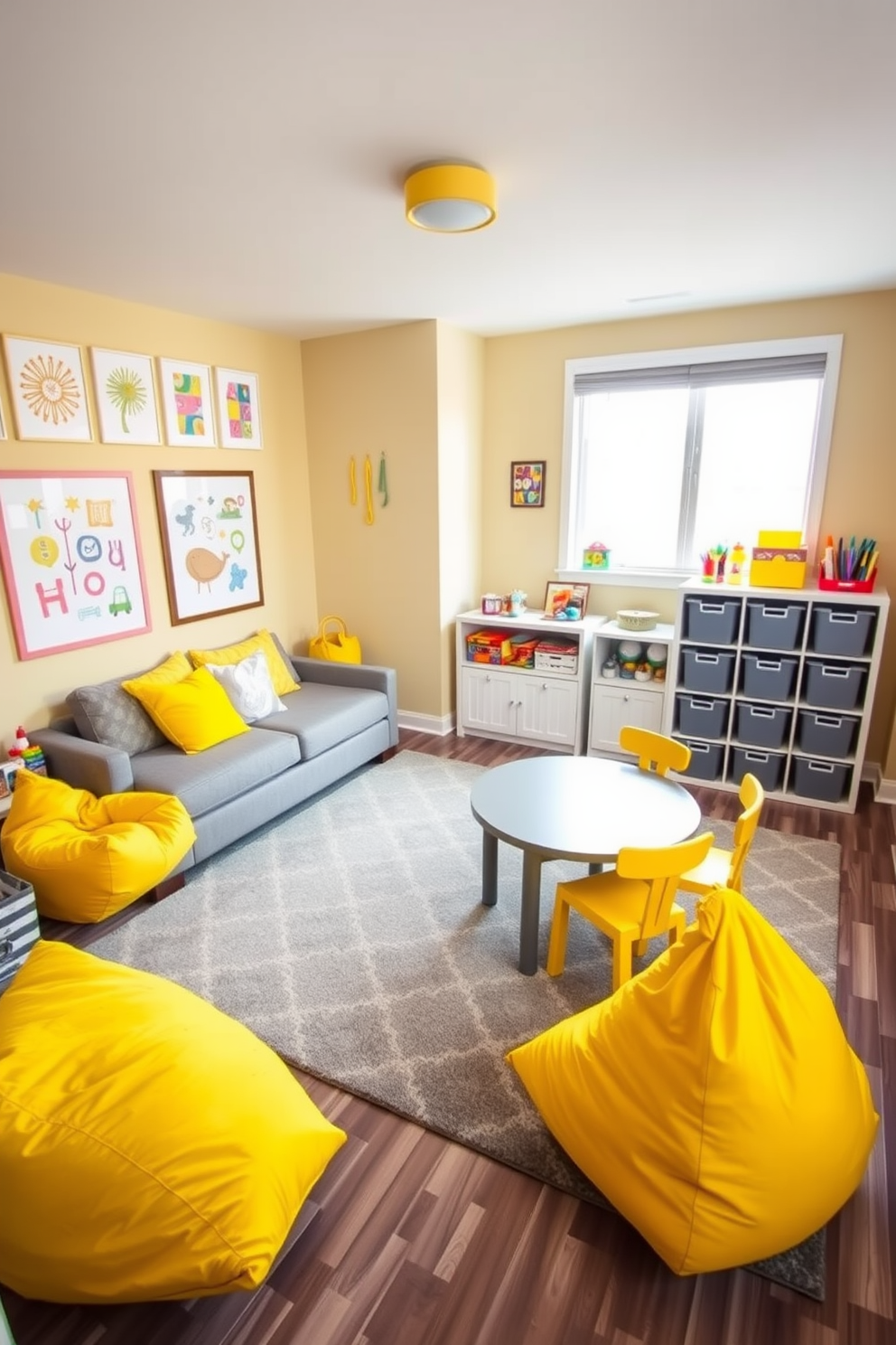 A bright and cheerful playroom filled with yellow and gray accents. The walls are painted a soft yellow, complemented by gray furniture including a cozy sofa and playful bean bags. Colorful artwork featuring playful designs adorns the walls, while a large area rug in a geometric pattern anchors the space. Toy storage is neatly organized in gray bins, and a small table with yellow chairs invites creativity and play.