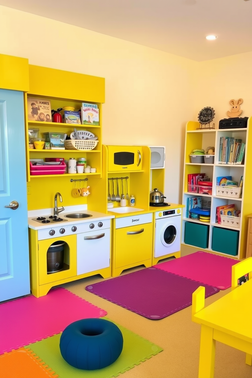 A bright and cheerful playroom features a vibrant yellow play kitchen set designed for imaginative play. The walls are painted in a soft pastel shade to complement the playful yellow accents throughout the space. Colorful play mats cover the floor, providing a comfortable area for children to engage in creative activities. Shelves filled with toys and books are neatly organized to encourage exploration and learning.