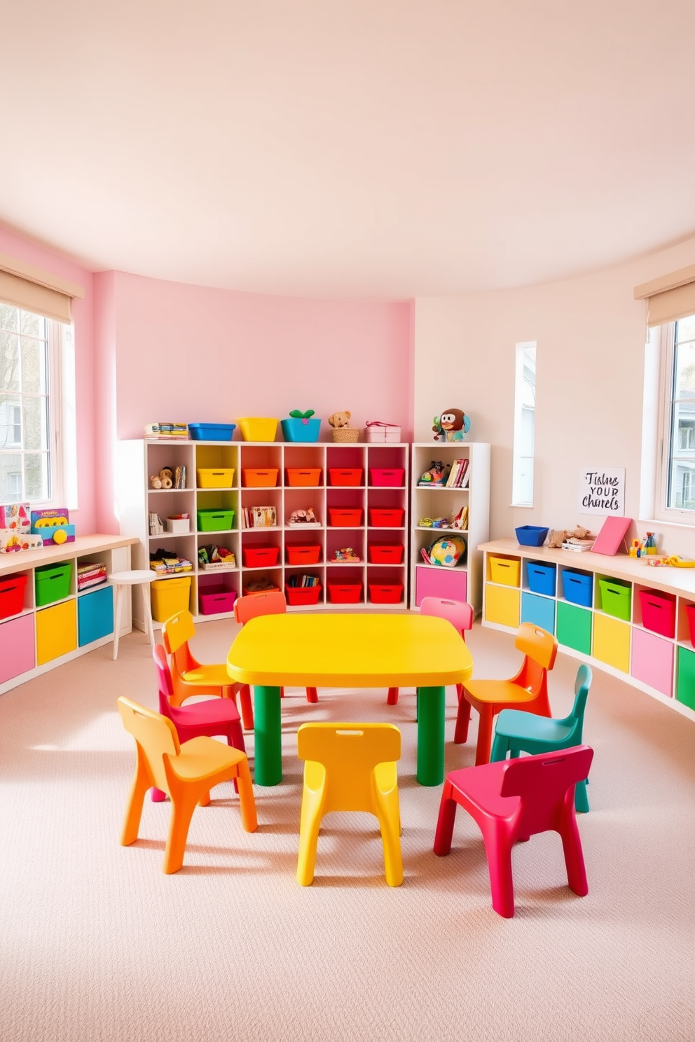 A bright yellow table sits at the center of the playroom surrounded by a variety of colorful chairs in different shapes and sizes. The walls are painted in soft pastel hues, creating a cheerful and inviting atmosphere perfect for play and creativity. Colorful storage bins and shelves line the walls, filled with toys and books to keep the space organized. Large windows allow natural light to flood the room, highlighting the playful decor and vibrant furnishings.