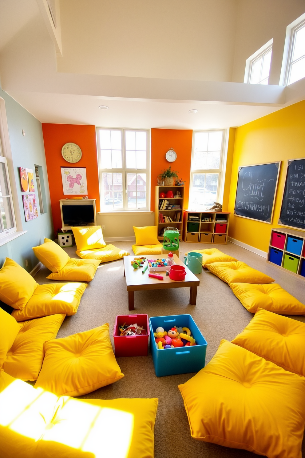 A vibrant playroom filled with natural light. The floor is covered with soft yellow cushions arranged for casual seating, creating a cozy and inviting atmosphere. Brightly colored walls feature playful artwork and a chalkboard section for creativity. A low table in the center encourages interactive play, while a variety of toys are neatly stored in colorful bins.