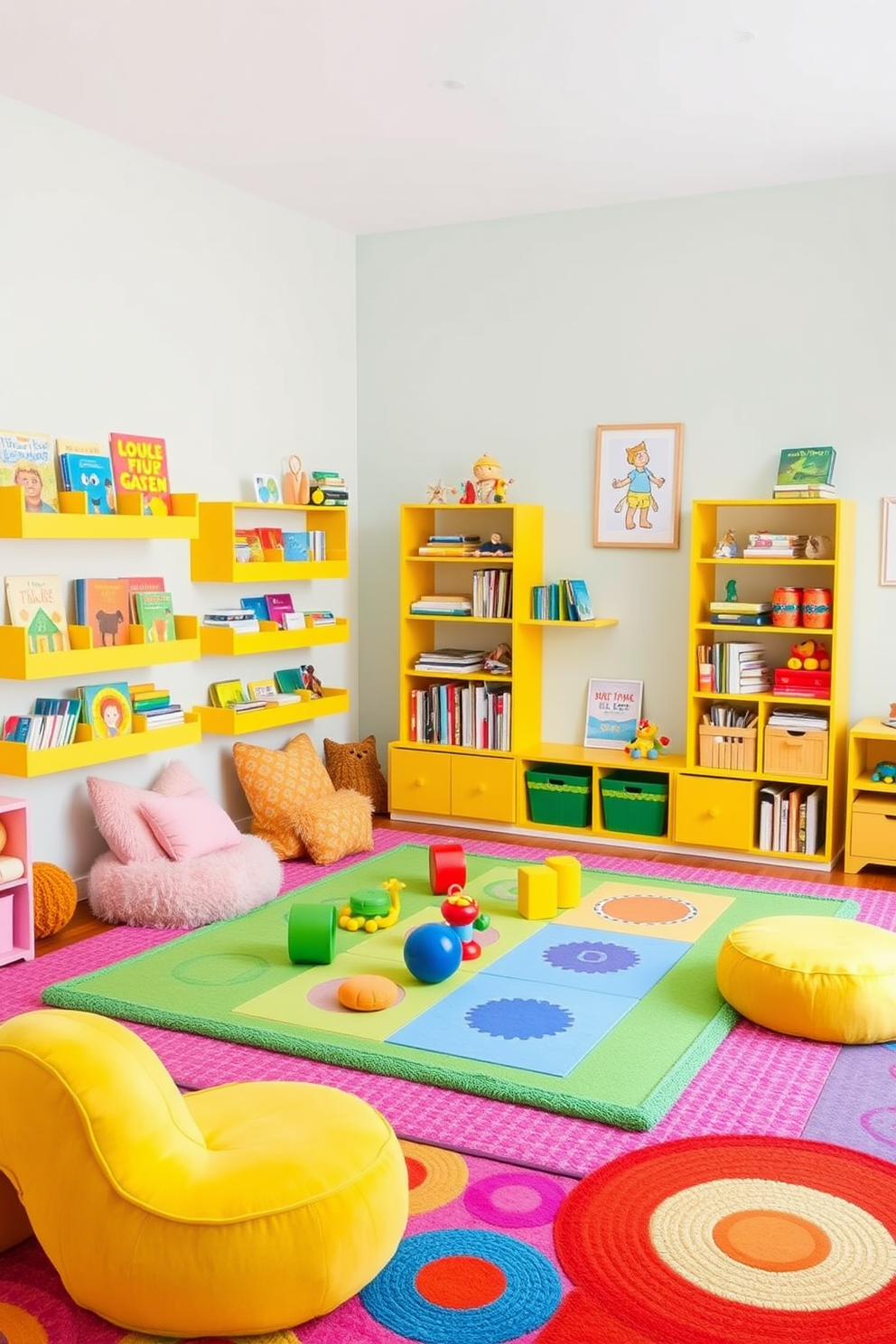 A vibrant playroom filled with creativity. The walls are adorned with wall-mounted yellow bookshelves that showcase an array of colorful books and toys. Soft, plush seating in playful shapes is arranged around a large, interactive play mat. Brightly colored rugs and playful artwork enhance the cheerful atmosphere of the space.