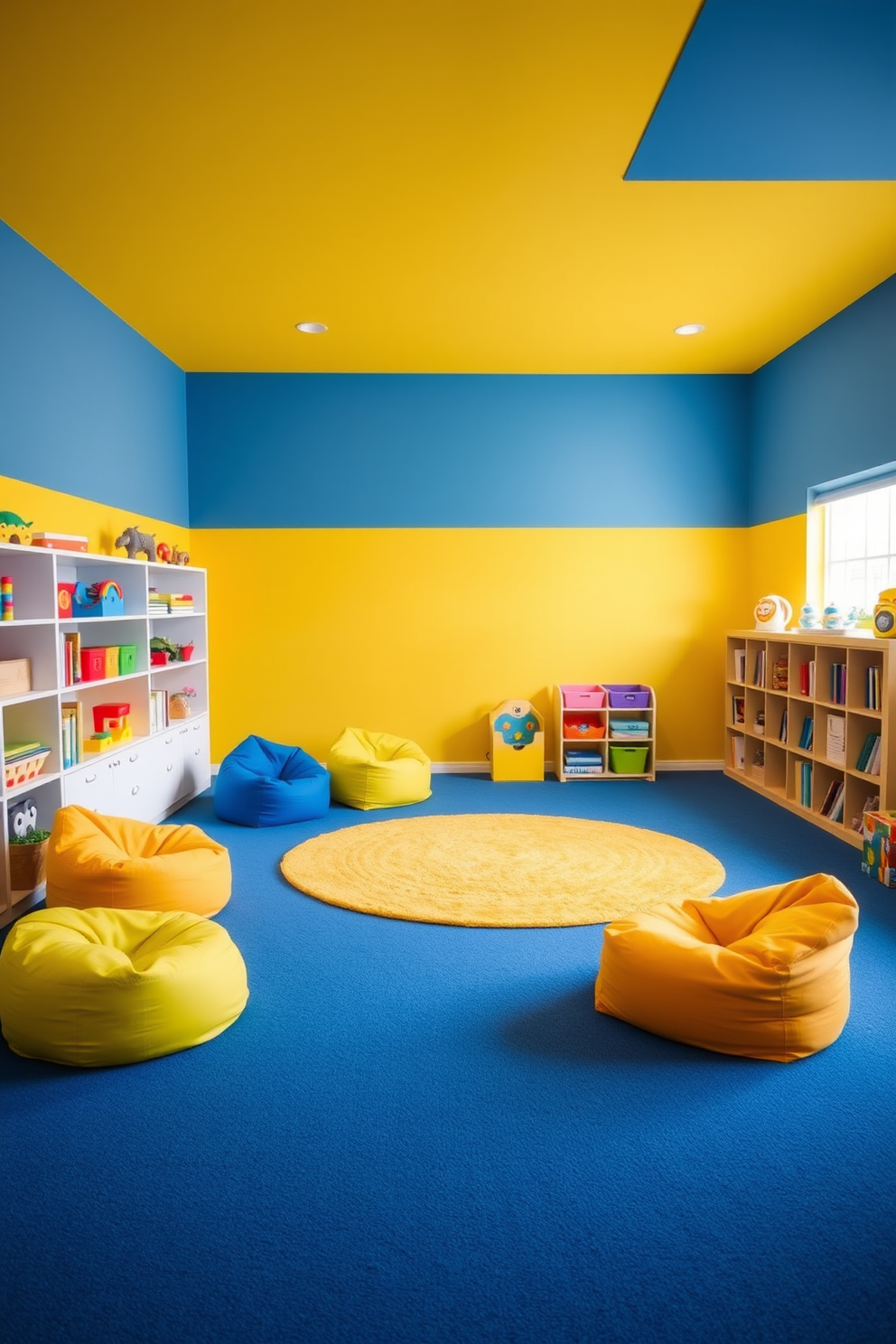 A vibrant playroom featuring a yellow and blue color block design. The walls are painted in alternating yellow and blue sections, creating a playful atmosphere. The floor is covered with a soft blue carpet, and there are colorful bean bags scattered around for seating. Shelves filled with toys and books line one wall, and a large yellow rug anchors the center of the room.