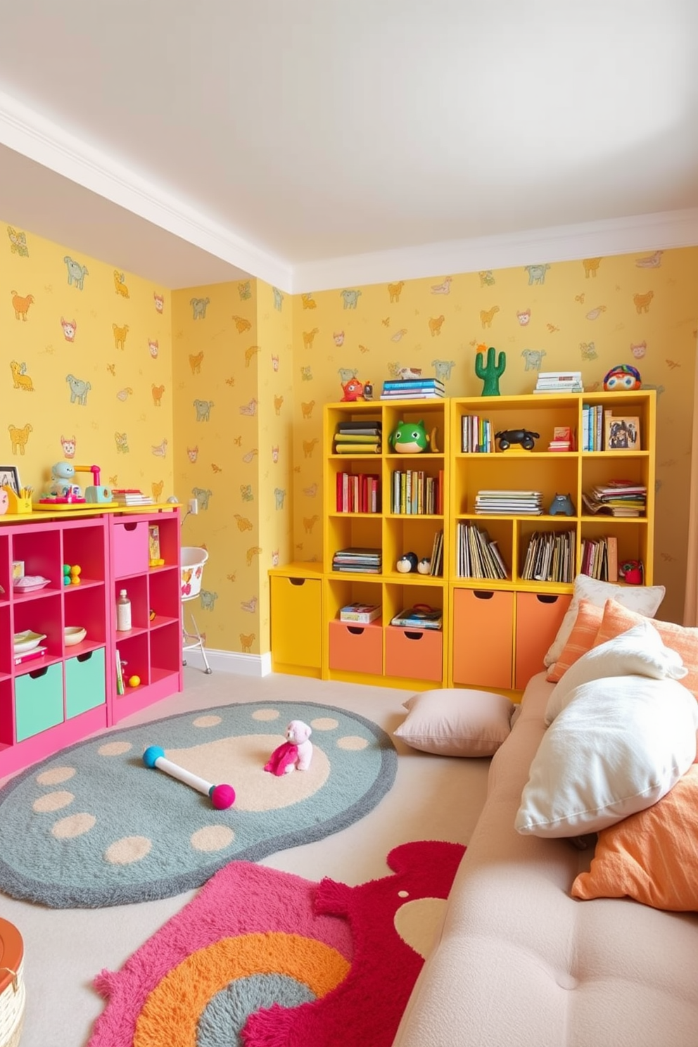 Cheerful yellow wallpaper adorned with playful prints creates a vibrant atmosphere in the playroom. Soft, colorful rugs are scattered across the floor, providing a cozy space for children to play and explore. Brightly colored shelving units are filled with toys and books, encouraging creativity and organization. A comfortable reading nook with oversized cushions invites relaxation and imaginative storytelling.