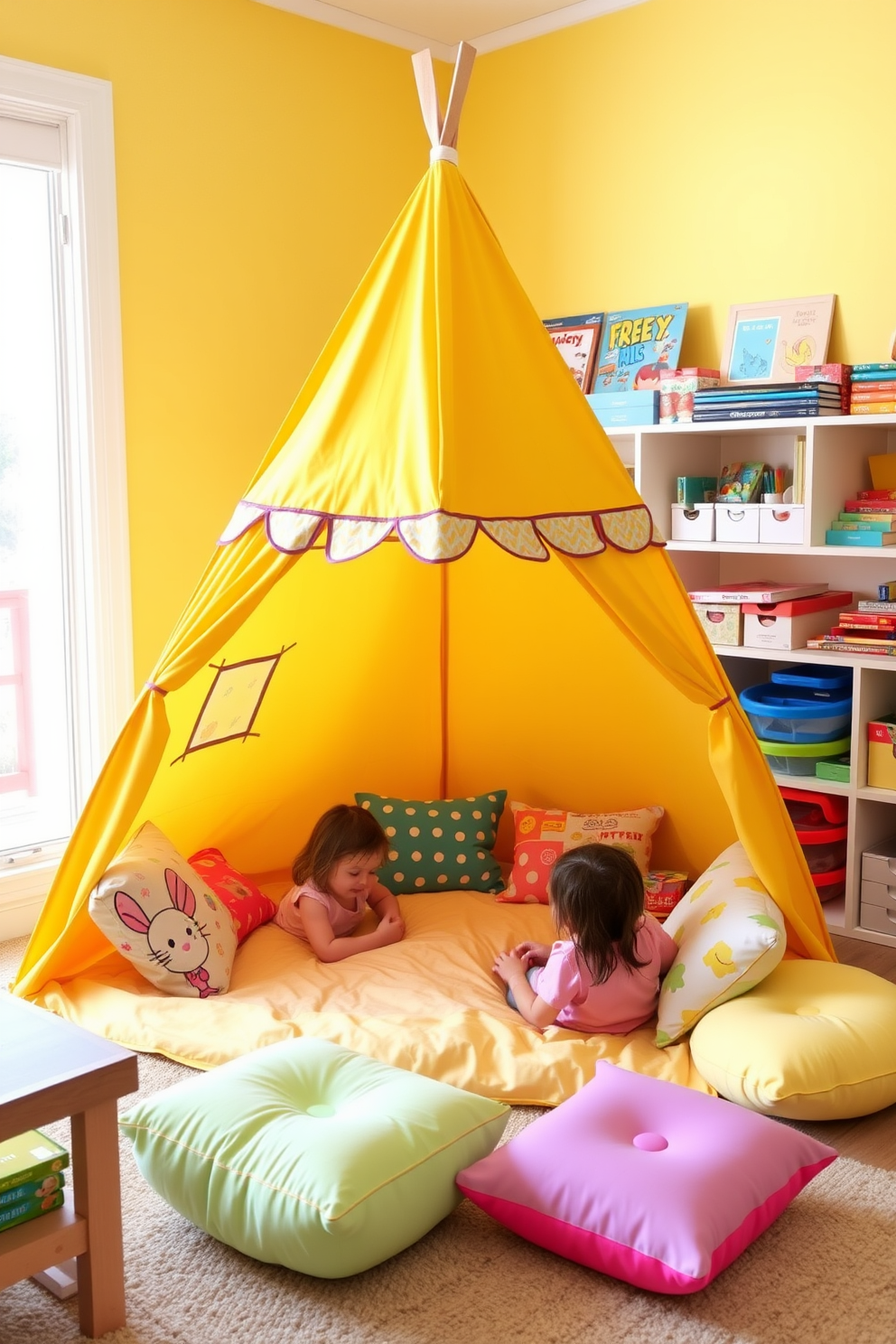 A cheerful yellow play tent is set up in a bright and airy playroom, inviting children to explore their imaginations. The tent is adorned with playful patterns and surrounded by soft, colorful cushions for comfort. The playroom features walls painted in a soft pastel yellow, creating a warm and welcoming atmosphere. A variety of educational toys and art supplies are neatly organized on shelves, encouraging creativity and learning.