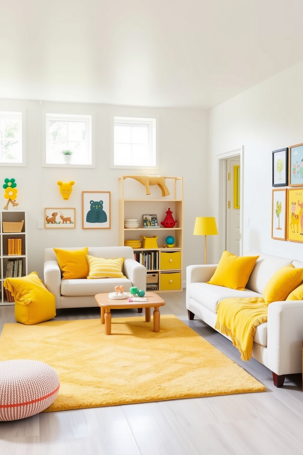 A vibrant playroom filled with natural light. The walls are painted in a soft white, creating a bright backdrop for colorful yellow throw pillows scattered on plush sofas. Bright yellow accents are featured throughout the room, including a large rug that adds warmth to the space. Fun and playful artwork adorns the walls, enhancing the cheerful atmosphere of the playroom.