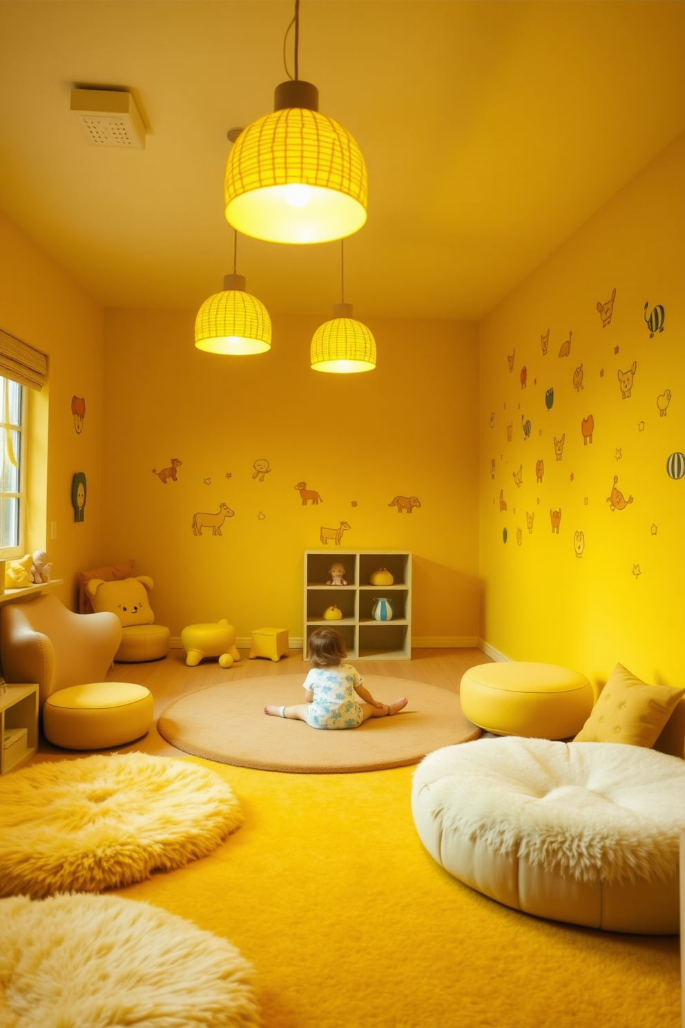 A vibrant playroom filled with playful energy. The walls are painted in a cheerful yellow hue, complemented by whimsical wall decals of animals and shapes. Yellow light fixtures hang from the ceiling, casting a warm glow across the room. Plush rugs in various shades of yellow and soft seating create a cozy, inviting atmosphere for children to play.