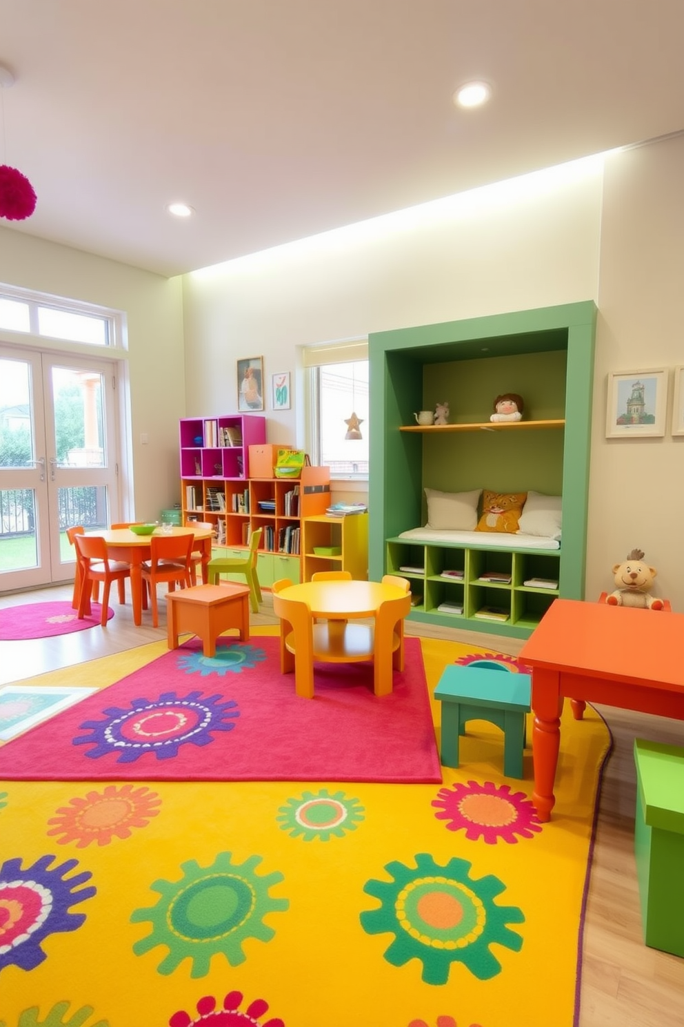 A vibrant playroom filled with joy and creativity. The floor is adorned with a yellow rug featuring colorful patterns that stimulate imagination and play. Brightly colored furniture pieces are scattered throughout the room. A cozy reading nook with soft cushions invites children to explore their favorite books.