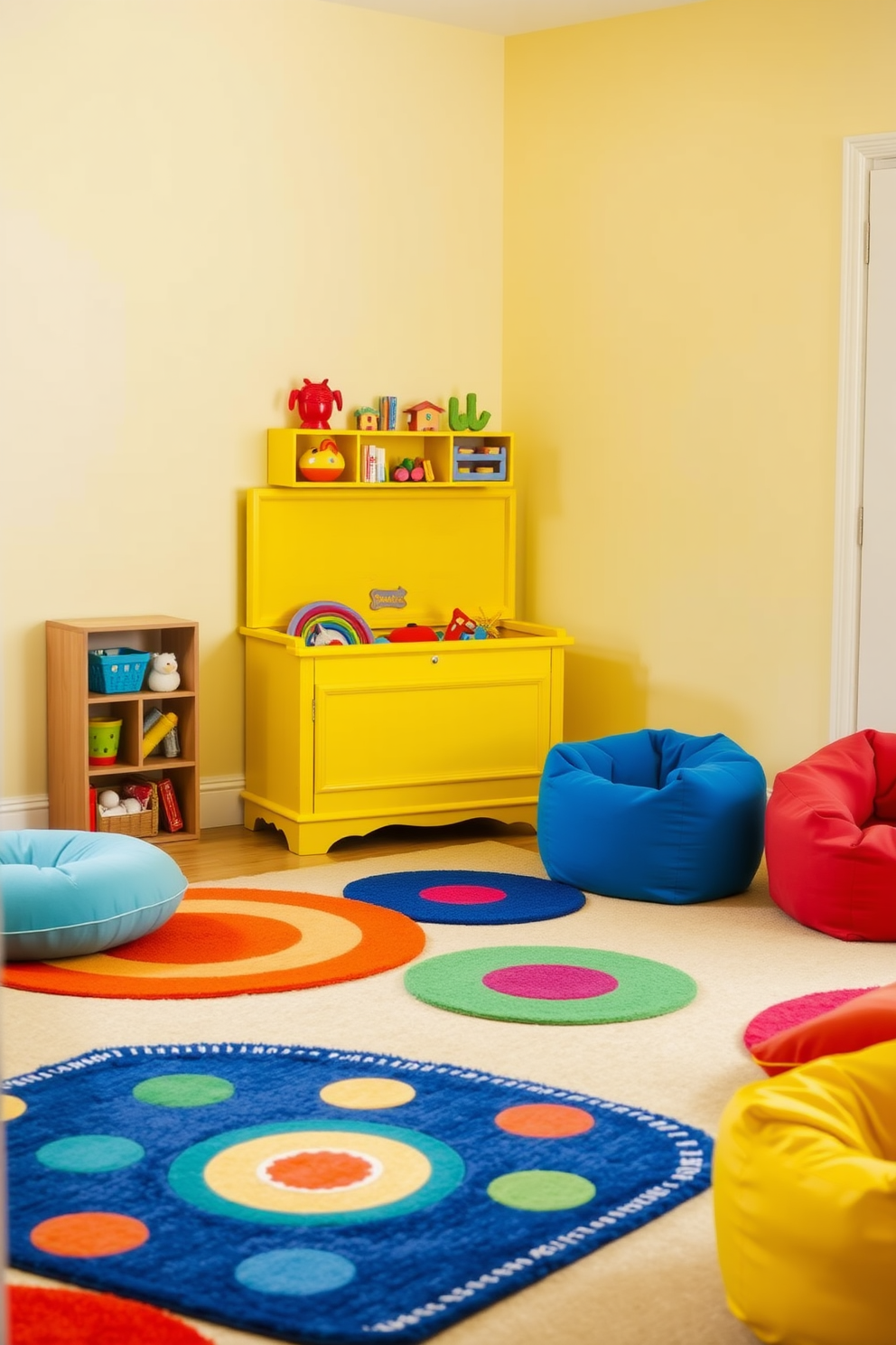 A cheerful playroom filled with vibrant colors. There is a yellow toy chest positioned against the wall, providing easy access to toys for children. The walls are painted in a soft pastel shade to create a warm atmosphere. Colorful rugs and bean bags are scattered across the floor, inviting play and creativity.