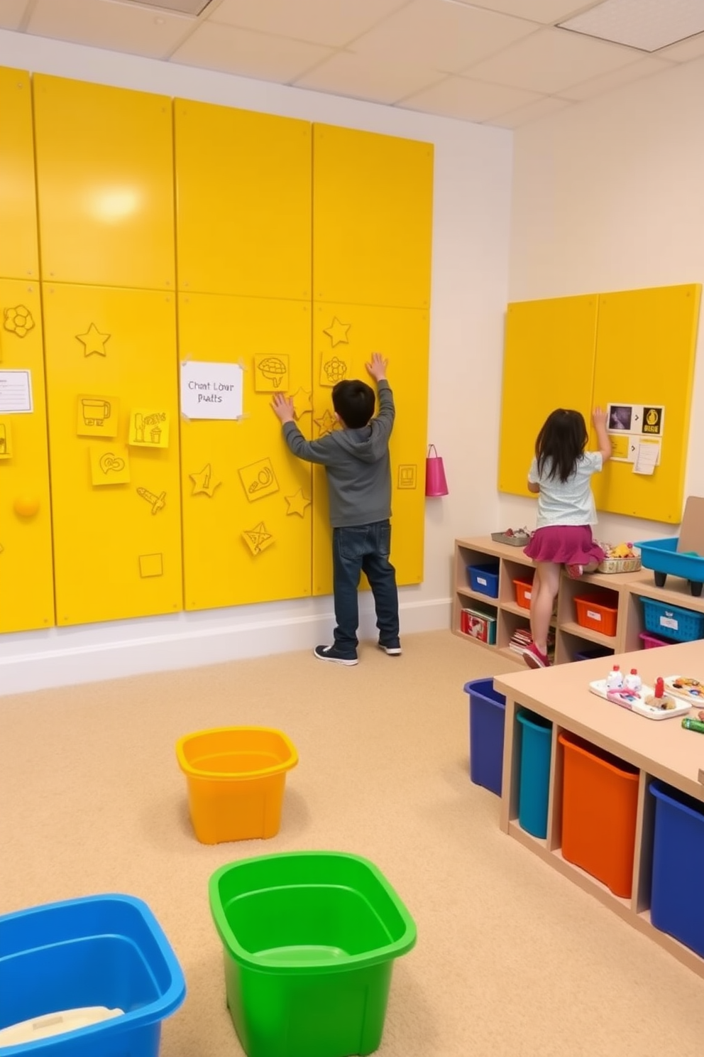 Interactive yellow wall panels create a vibrant and stimulating environment for children's creativity. The playroom features soft, plush flooring and colorful storage bins to keep toys organized and accessible.