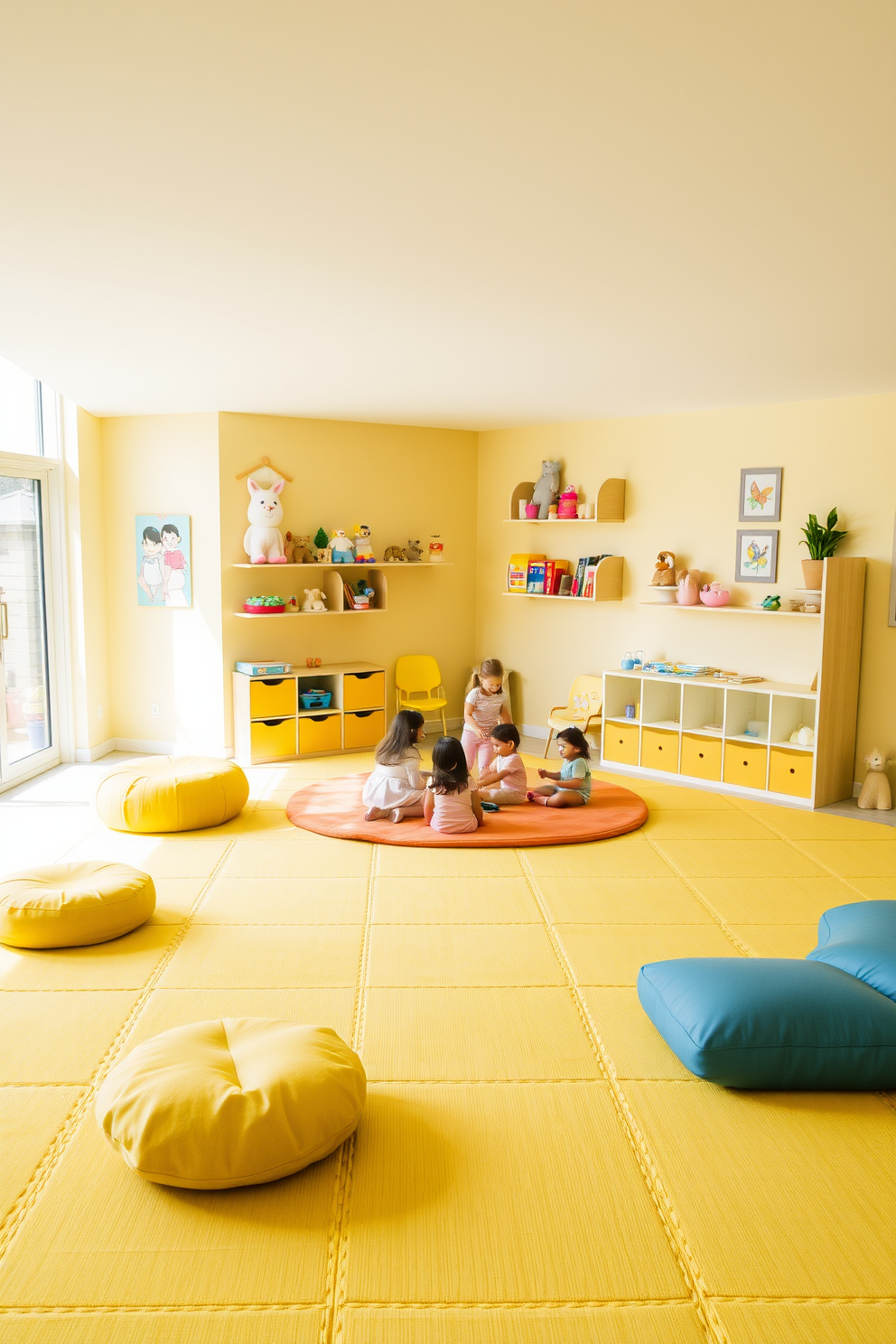 A cheerful playroom filled with soft yellow play mats that provide safety and comfort for children. The walls are painted in a light pastel shade, complemented by playful artwork and shelves filled with colorful toys. Cozy seating options are arranged around the play area, inviting kids to relax and engage in activities. Large windows allow natural light to flood the space, enhancing the bright and welcoming atmosphere.