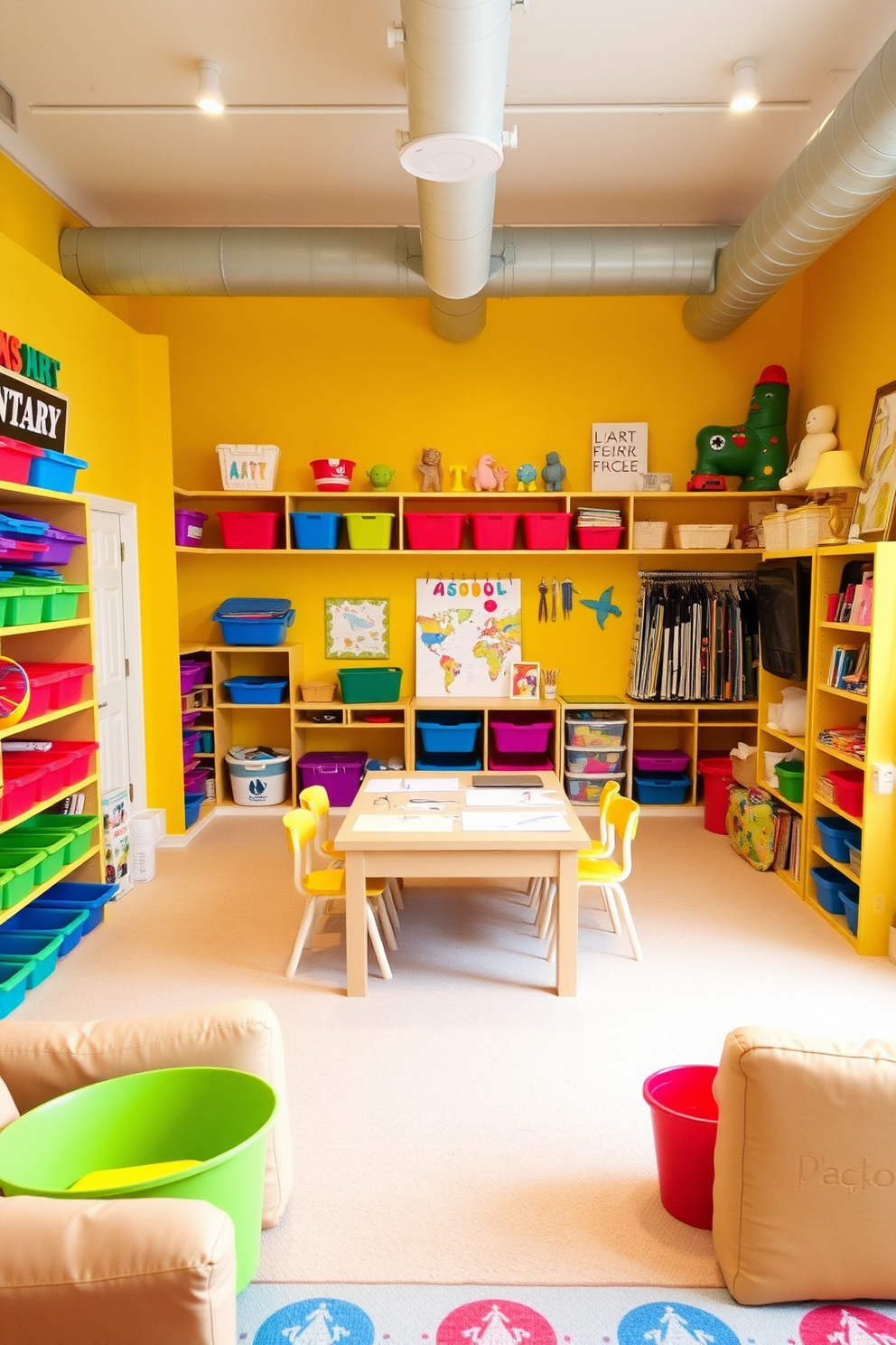 A bright yellow art supplies storage area filled with colorful bins and containers. The walls are painted in a cheerful yellow hue, creating a vibrant atmosphere perfect for creativity. In the center, a large table is set up for art projects, surrounded by comfortable seating options. Shelves lined with art supplies, books, and playful decorations enhance the playful ambiance of the playroom.