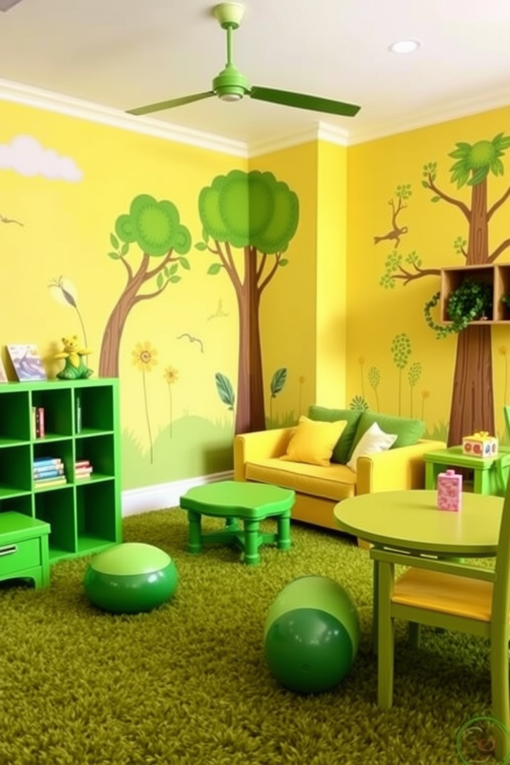 A vibrant playroom filled with yellow and green nature-themed decor. The walls are painted in a soft yellow hue, adorned with playful murals of trees and animals. Bright green furniture pieces, including a cozy reading nook with cushions, invite children to relax. The floor is covered with a soft, grass-like carpet, creating a fun and inviting atmosphere for play.