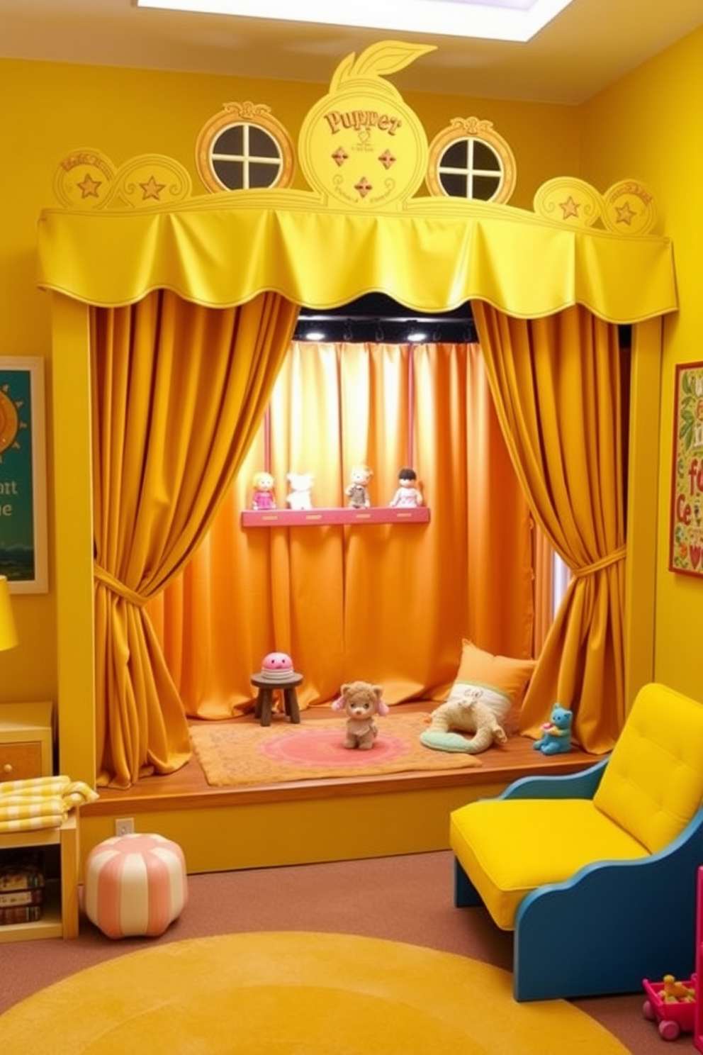 A whimsical puppet theater designed in vibrant yellow hues. The stage features golden curtains and playful puppet displays, creating an inviting atmosphere for performances. A cheerful playroom filled with yellow accents and soft furnishings. Bright yellow walls are complemented by colorful rugs and playful toys, making it a perfect space for creativity and fun.