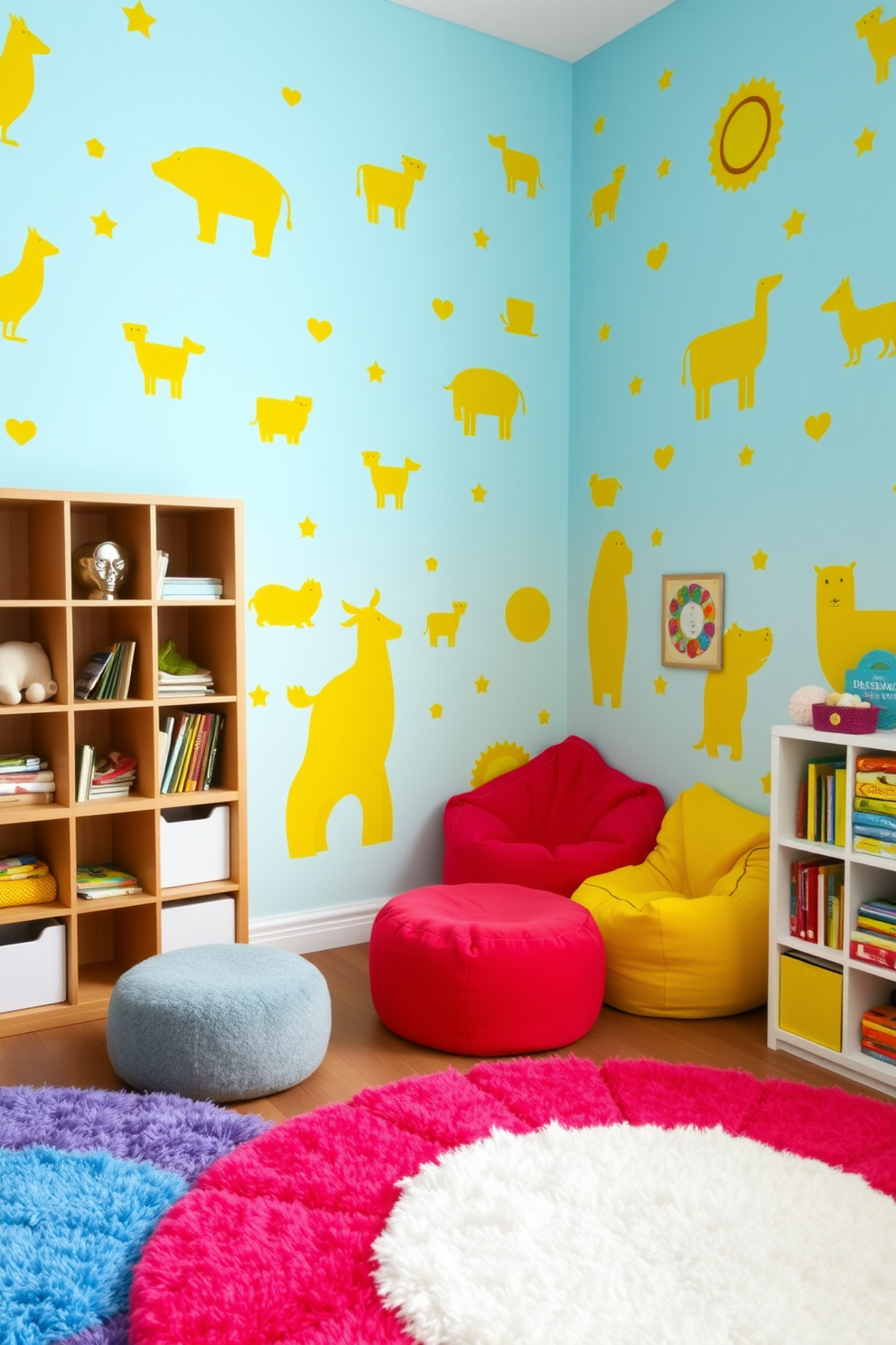 A vibrant playroom filled with joy and creativity. The walls are adorned with playful wall decals of yellow animals and shapes, creating an inviting atmosphere for children. Soft, plush rugs in bright colors cover the floor, providing a comfortable area for play. A cozy reading nook with bean bags and shelves filled with colorful books adds to the playful design.