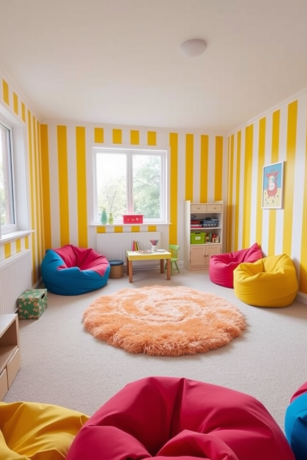 A cheerful playroom filled with natural light. The walls are adorned with yellow and white striped wallpaper, creating a vibrant and playful atmosphere. In the center, a soft, plush rug in bright colors invites children to sit and play. Colorful bean bags and a small table with art supplies are arranged for creativity and fun.