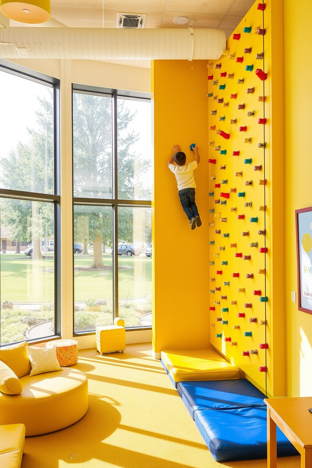 A vibrant playroom featuring a yellow climbing wall that encourages active play. The wall is adorned with colorful handholds and safety mats below, creating a fun and safe environment for children to explore. The playroom is filled with cheerful yellow accents, including soft furnishings and playful artwork. Large windows allow natural light to flood the space, enhancing the bright and inviting atmosphere.