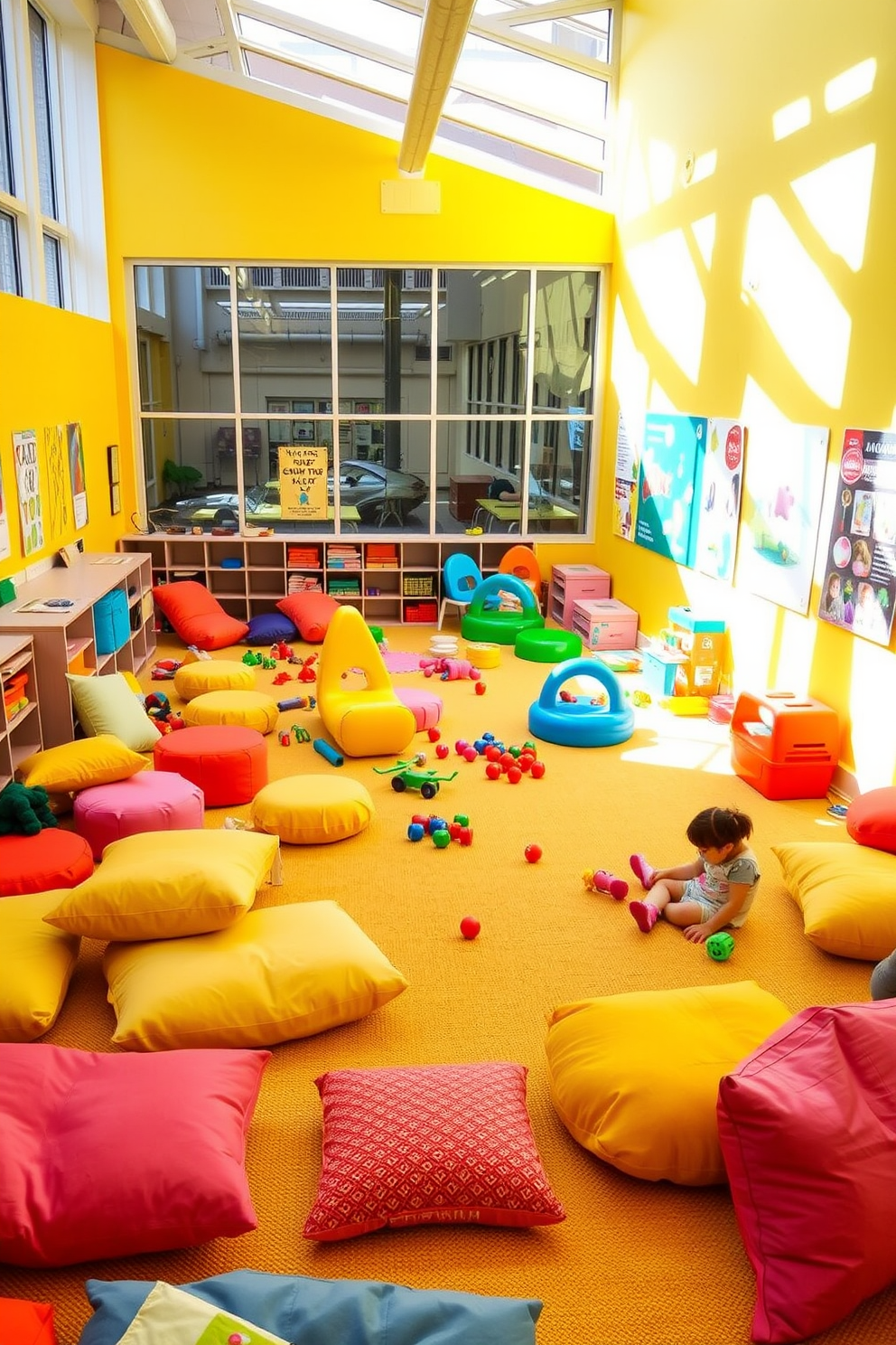 A vibrant yellow-themed sensory play area filled with soft cushions and textured mats. Colorful toys and interactive elements are scattered throughout, inviting children to explore and engage their senses. The walls are painted in a cheerful shade of yellow, adorned with playful artwork and educational posters. Natural light streams in through large windows, creating a warm and welcoming atmosphere for play and learning.