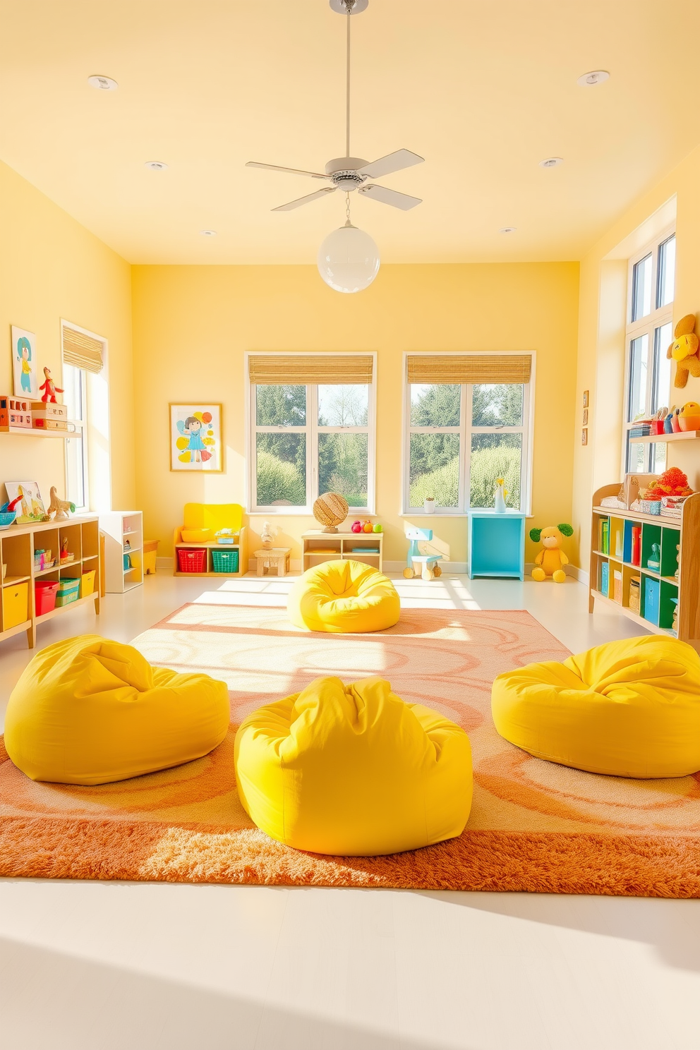 A bright playroom filled with sunshine and joy. The floor is covered with soft, colorful rugs, and in the center, there are several yellow bean bags arranged for cozy seating. The walls are painted in a cheerful pastel hue, adorned with playful artwork and shelves filled with toys. Large windows let in natural light, creating a warm and inviting atmosphere perfect for playtime.