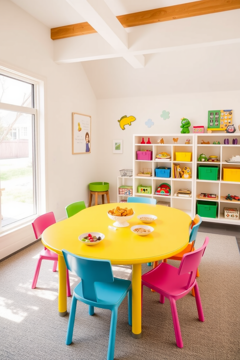 A bright yellow dining table is the centerpiece of a cheerful playroom designed for snacks and casual meals. Surrounding the table are colorful chairs in various shades that complement the vibrant yellow, creating an inviting atmosphere for family gatherings. The playroom features playful wall art and shelves filled with toys, enhancing the joyful ambiance. Large windows allow natural light to flood the space, making it a bright and happy area for children to enjoy their snacks and activities.