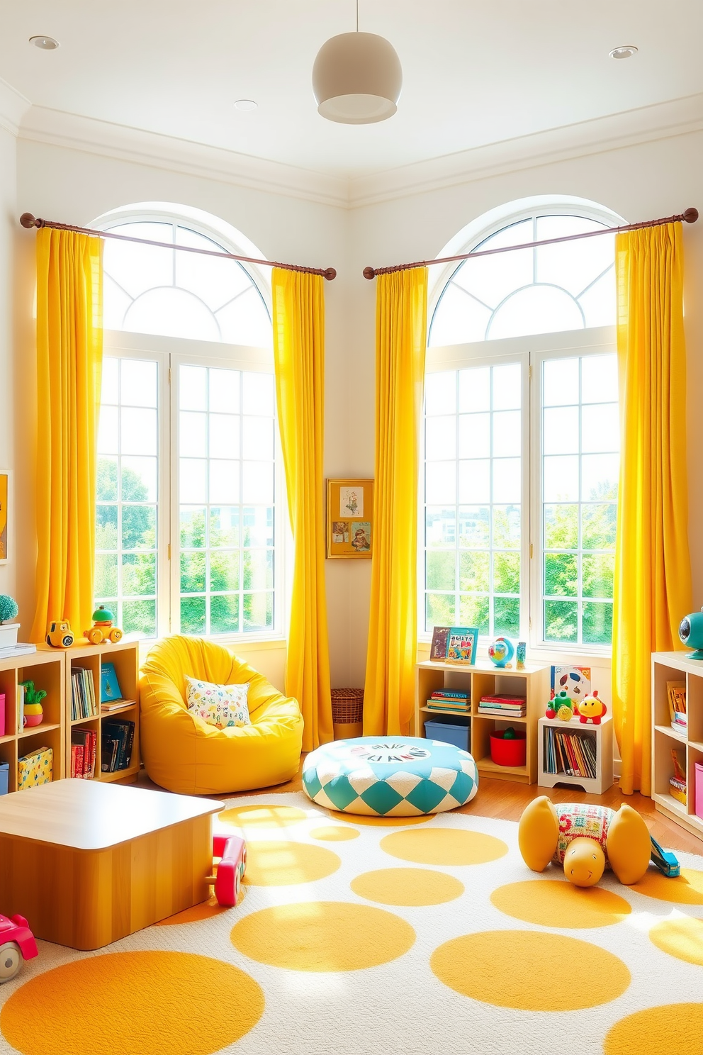 A bright and cheerful playroom filled with sunshine yellow curtains that frame large windows, allowing natural light to flood the space. The walls are painted in a soft white, creating a perfect backdrop for colorful toys and playful artwork. The room features a cozy reading nook with a plush yellow beanbag chair and a low bookshelf filled with children's books. A large, soft area rug in playful patterns covers the floor, providing a comfortable space for kids to play and explore.