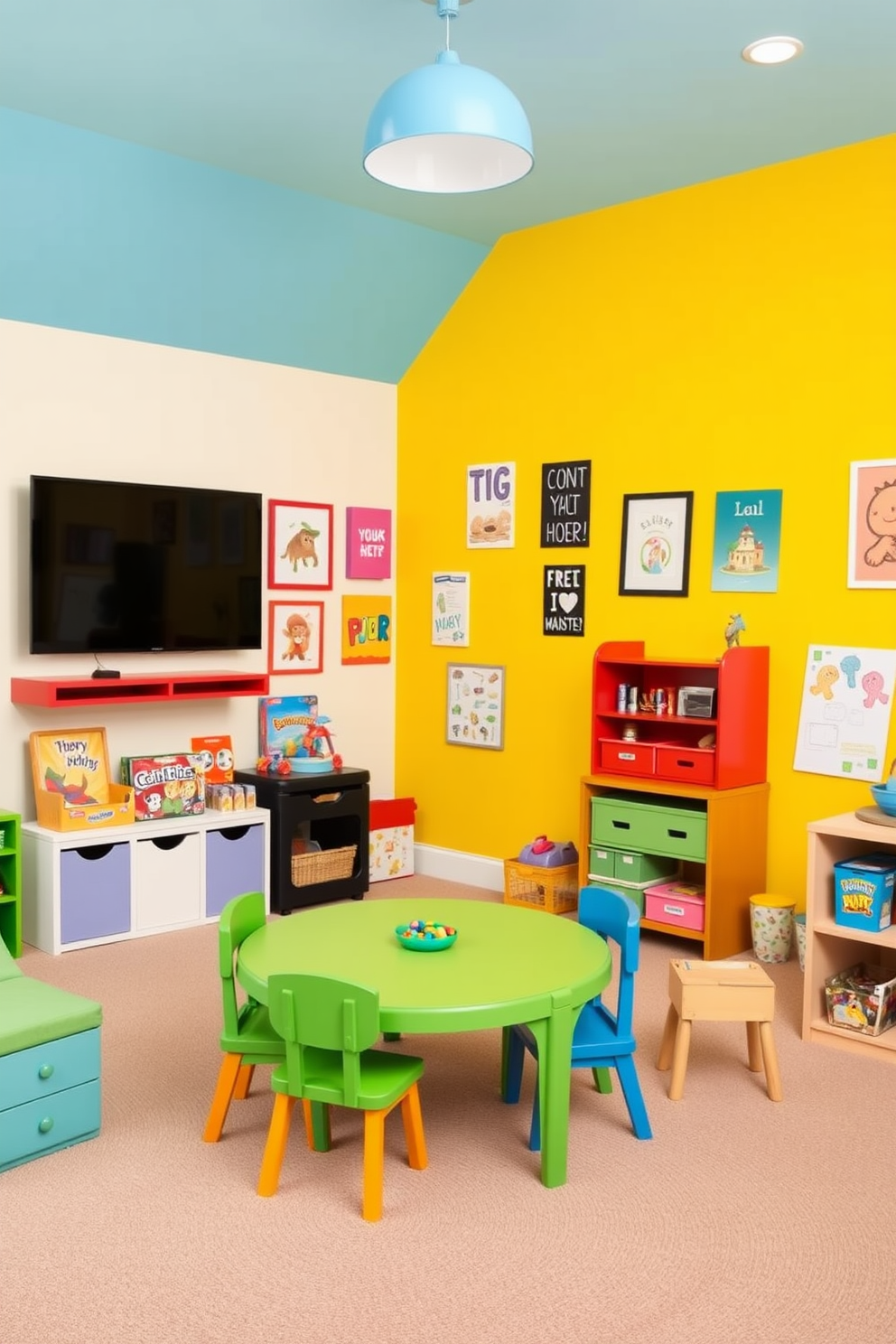 A vibrant playroom features an accent wall painted in cheerful yellow chalkboard paint, inviting creativity and fun. The room is filled with colorful furniture, playful artwork, and plenty of storage for toys and games, creating an engaging environment for children.