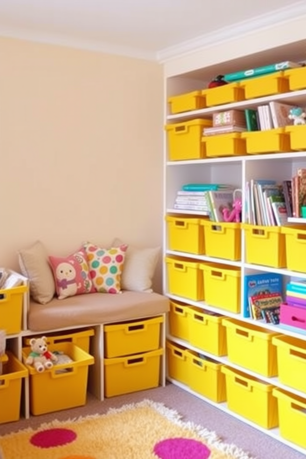 A bright and cheerful playroom filled with yellow storage bins for organization. The walls are painted in a soft pastel color, creating a warm and inviting atmosphere. In one corner, a cozy reading nook features a plush rug and colorful cushions. The yellow storage bins are neatly arranged on shelves, providing a fun and functional way to keep toys and books organized.