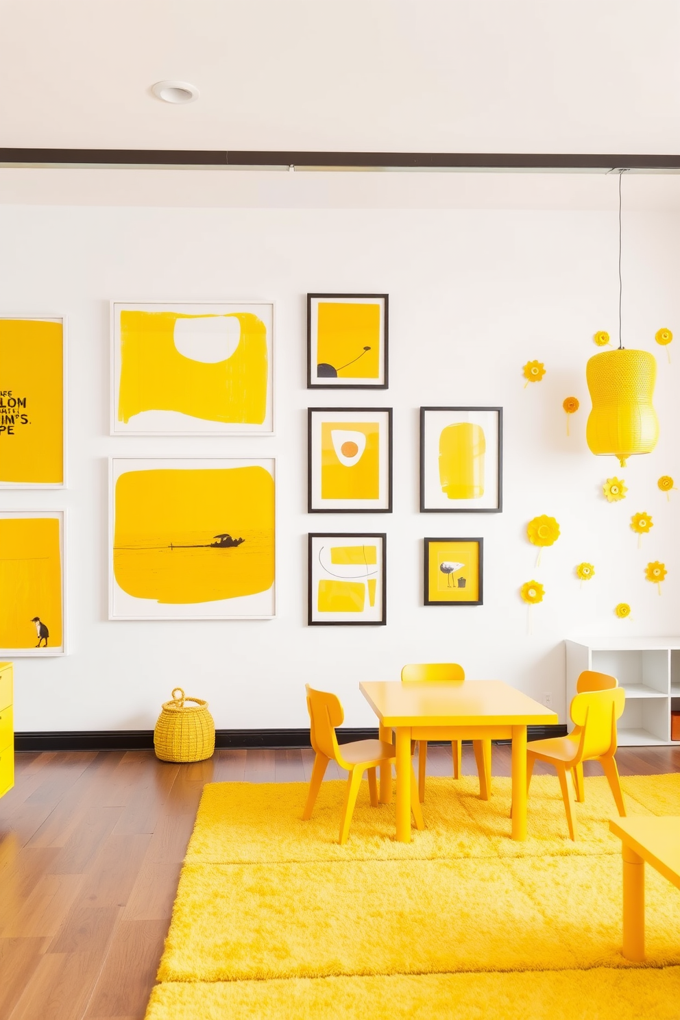 A vibrant yellow-themed art gallery wall showcases a collection of abstract paintings in various shades of yellow. The frames are sleek and modern, creating a striking contrast against a crisp white wall. The playroom is designed with playful yellow accents, featuring a soft yellow rug and cheerful wall decals. Bright furniture pieces, such as a yellow table and colorful chairs, create an inviting space for creativity and fun.