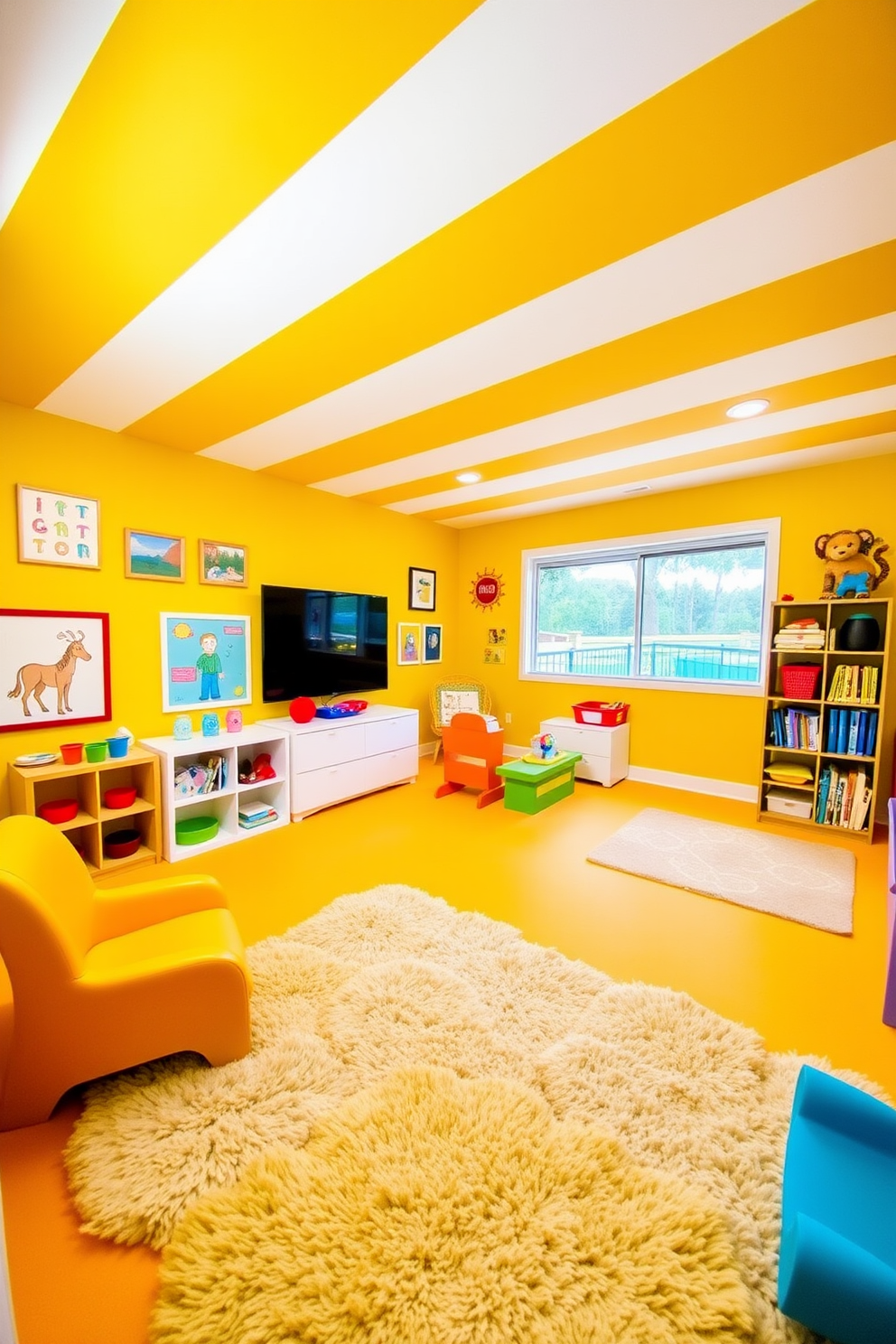 A playful yellow playroom with striped yellow and white ceilings creates a cheerful atmosphere. The walls are adorned with colorful artwork, and the floor is covered with soft, plush rugs for comfort.