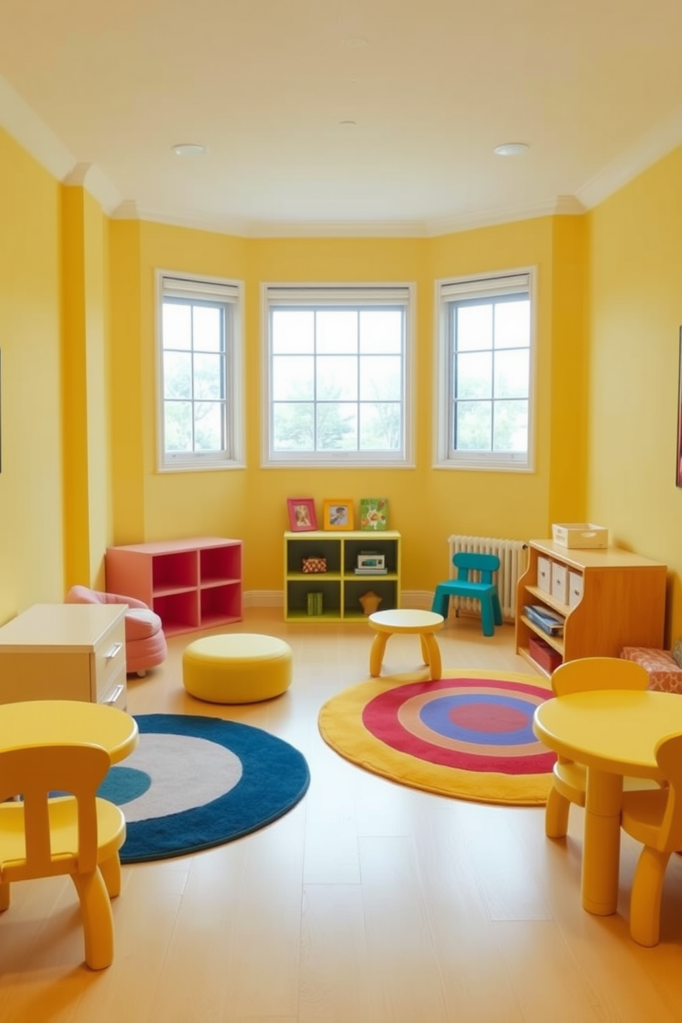 A playful yellow playroom filled with furniture featuring rounded edges creates a cheerful and inviting atmosphere. The walls are painted in a soft pastel shade to complement the vibrant yellow, while colorful rugs add a touch of fun to the floor.