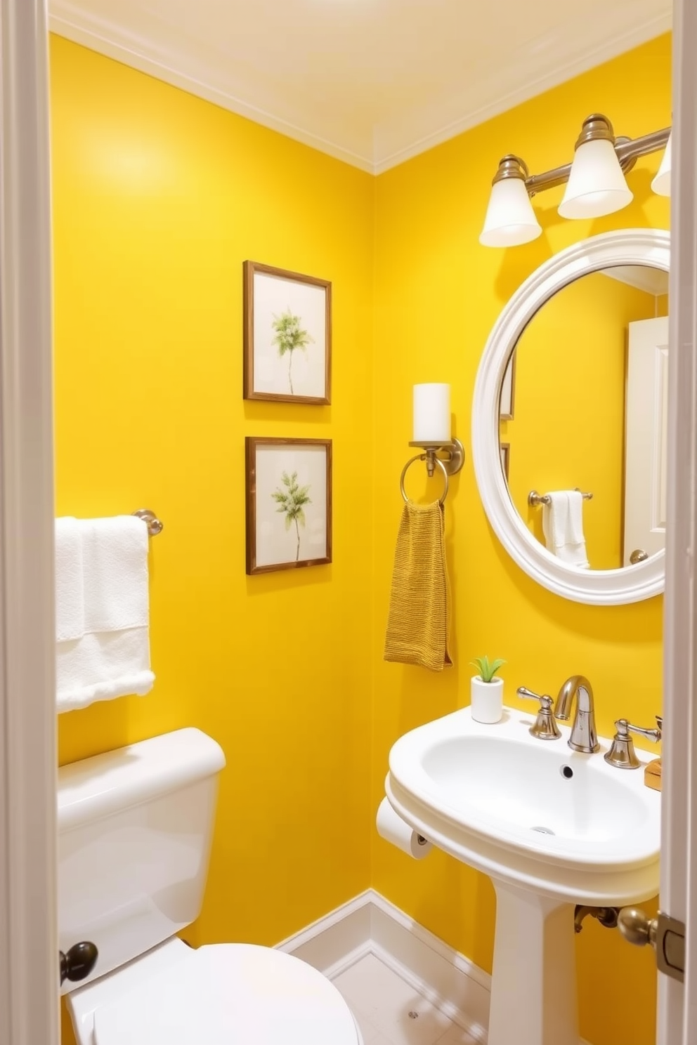 Bright yellow walls create a cheerful and inviting atmosphere in the powder room. The white accents, including trim and fixtures, enhance the brightness and add a touch of elegance to the space.