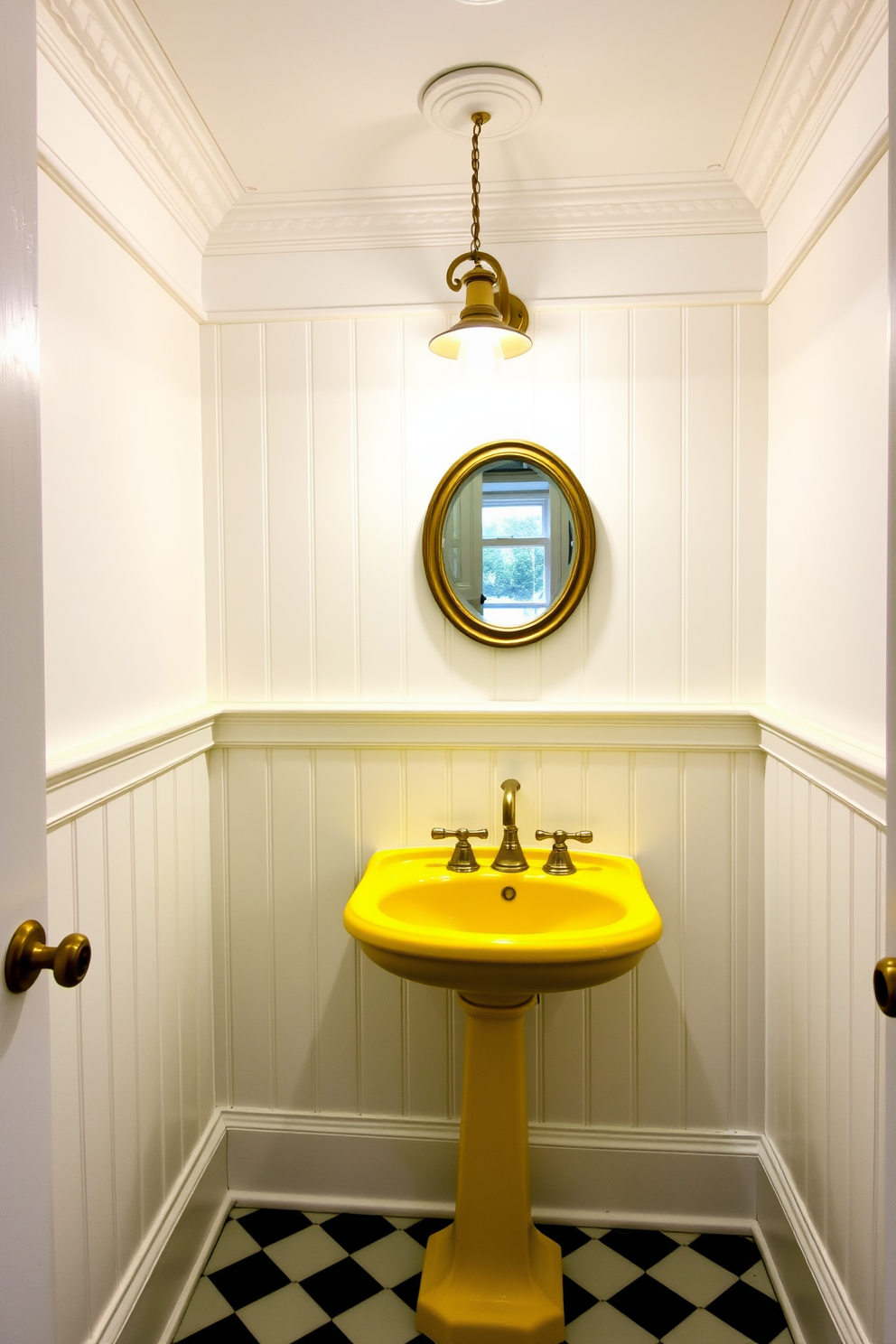 A charming yellow sink with a vintage faucet sits prominently in a cozy powder room. The walls are adorned with soft white wainscoting, and the ceiling features delicate crown molding that adds elegance to the space. A small round mirror with a distressed gold frame hangs above the sink, reflecting the warm glow of a vintage light fixture. The floor is covered in a classic black and white checkered tile, enhancing the room's timeless appeal.