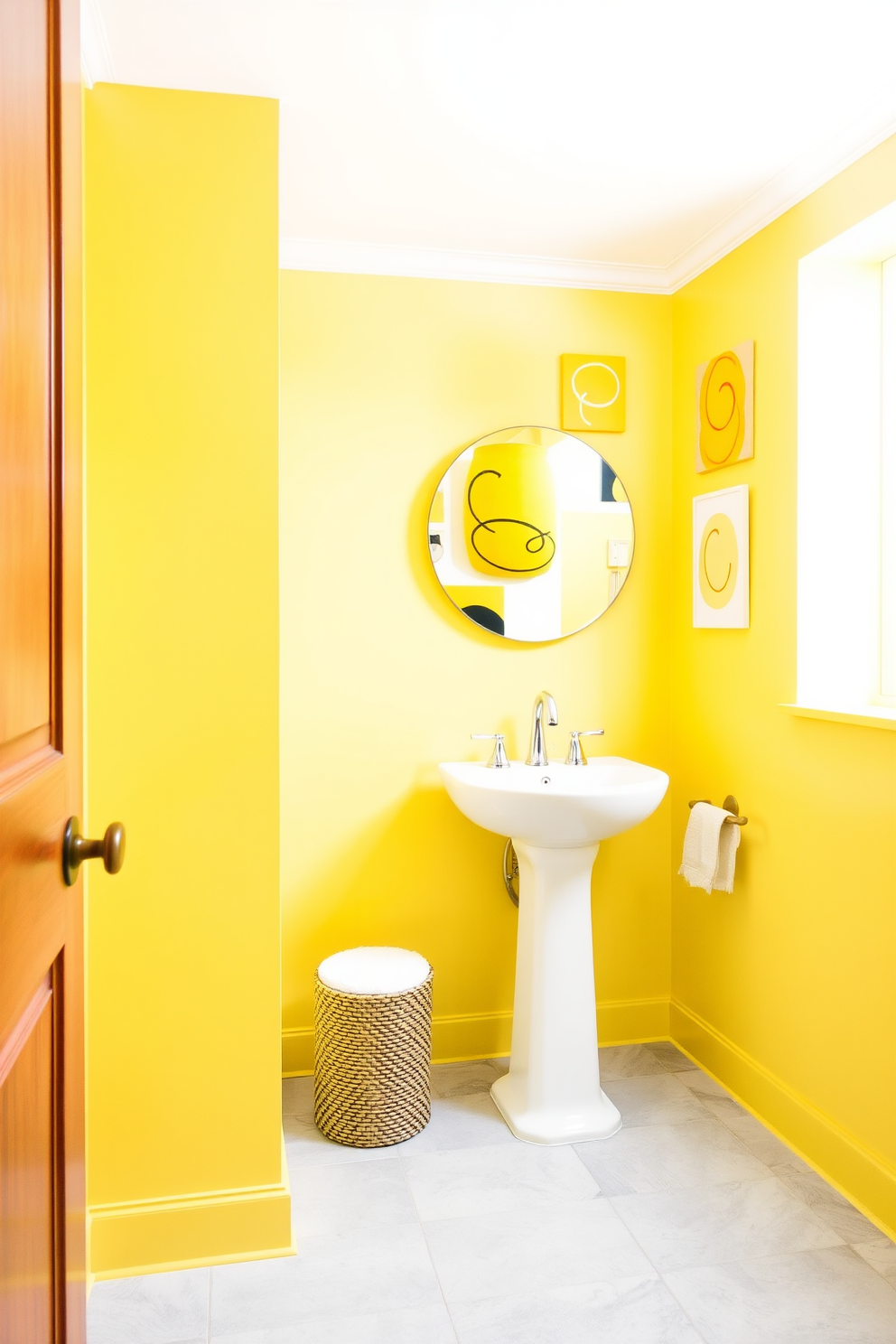 A bright yellow powder room filled with vibrant art pieces that create a cheerful atmosphere. The walls are painted in a soft yellow hue, and a sleek white pedestal sink is positioned against one wall, complemented by a stylish round mirror. On one wall, a collection of bright yellow art pieces is displayed, featuring abstract designs that pop against the background. The floor is covered in a light gray tile, adding contrast and sophistication to the overall design.