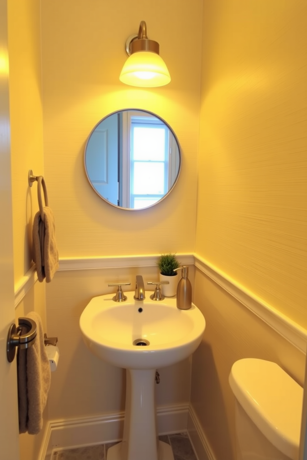 A cozy powder room bathed in warm yellow lighting creates an inviting atmosphere. The walls are adorned with soft textured wallpaper, and a sleek pedestal sink complements the space. A round mirror with a delicate gold frame reflects the warm glow of the fixtures. Decorative accents include a small potted plant and an elegant soap dispenser on the sink.