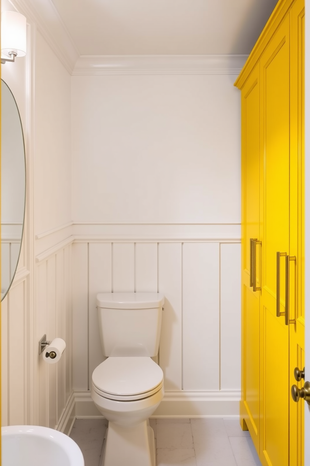 A vibrant powder room featuring lemon yellow cabinetry with sleek, modern hardware. The walls are adorned with subtle white wainscoting, creating a bright and cheerful atmosphere.