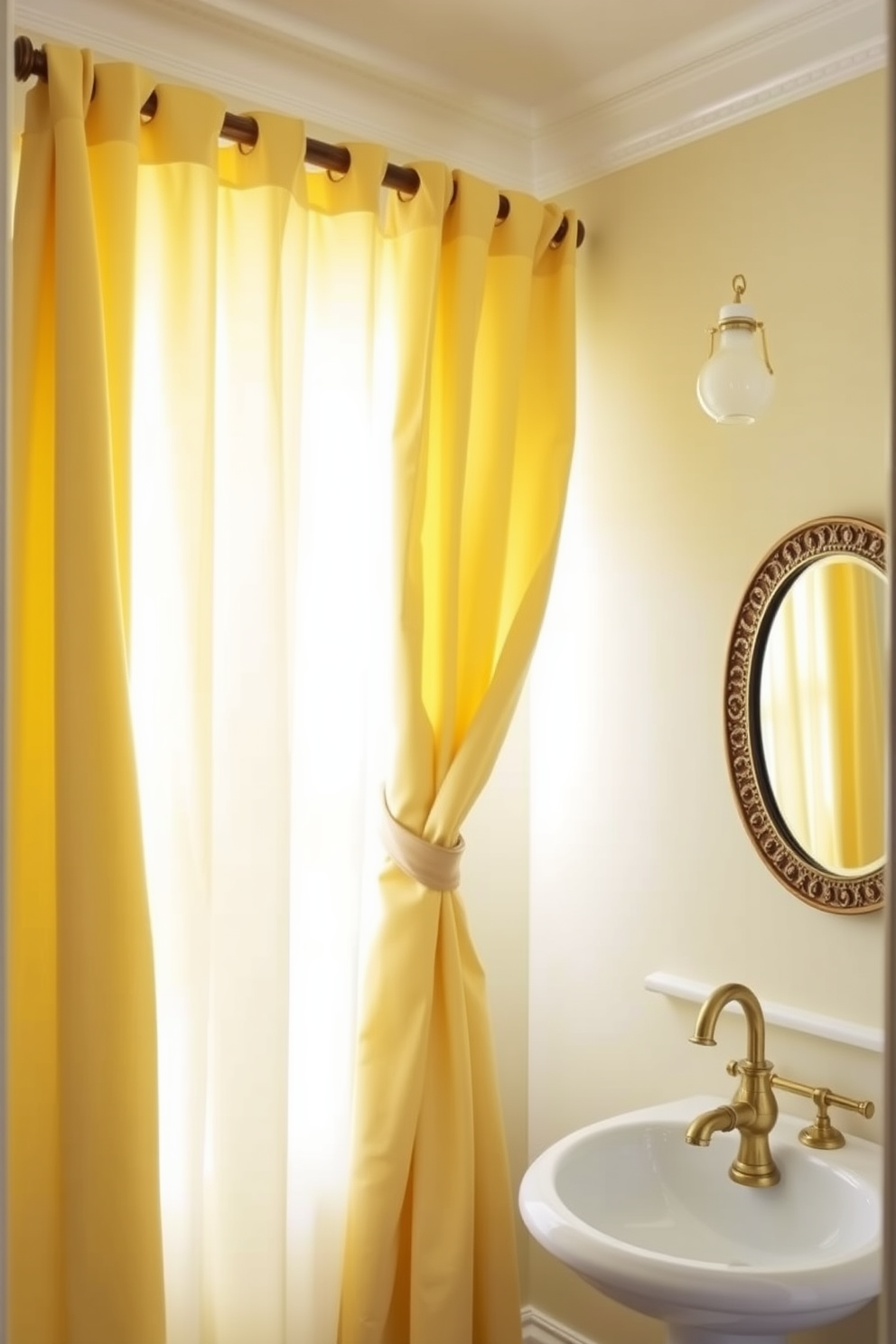 Elegant yellow curtains drape gracefully from a polished wooden rod, adding a touch of warmth and sophistication to the room. The soft fabric gently filters light, creating a serene and inviting atmosphere. The powder room features a chic pedestal sink with a vintage gold faucet, complemented by a round mirror with an ornate frame. The walls are painted in a subtle cream hue, enhancing the brightness of the space while the yellow accents provide a refreshing pop of color.