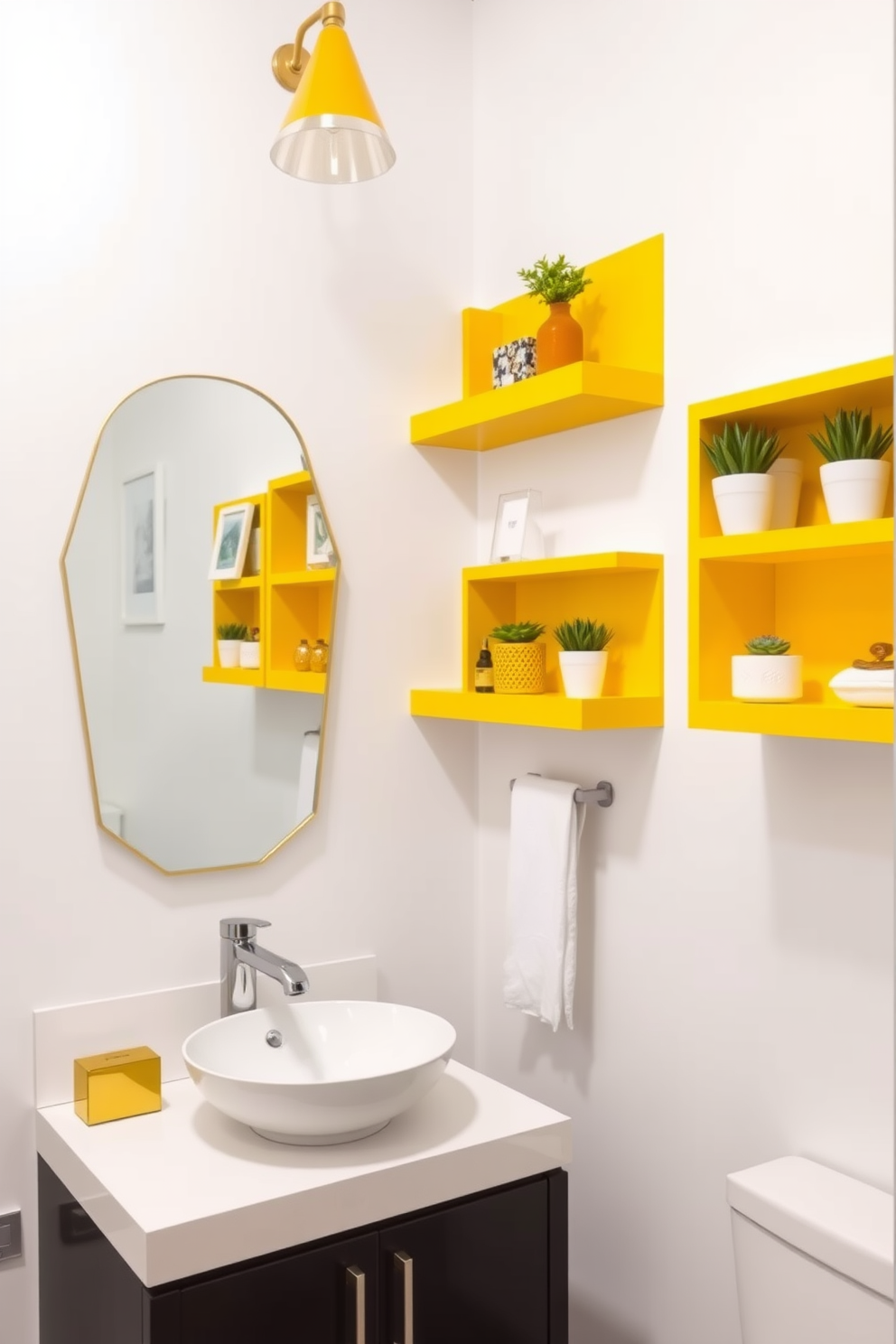 A stylish powder room featuring yellow accents on floating shelves that add a pop of color and personality. The walls are painted in a soft white, creating a bright and airy atmosphere, while a sleek vanity with a modern sink complements the overall design. The floating shelves are adorned with decorative items and small potted plants, enhancing the room's charm. A chic mirror above the vanity reflects the vibrant yellow accents, making the space feel inviting and cheerful.