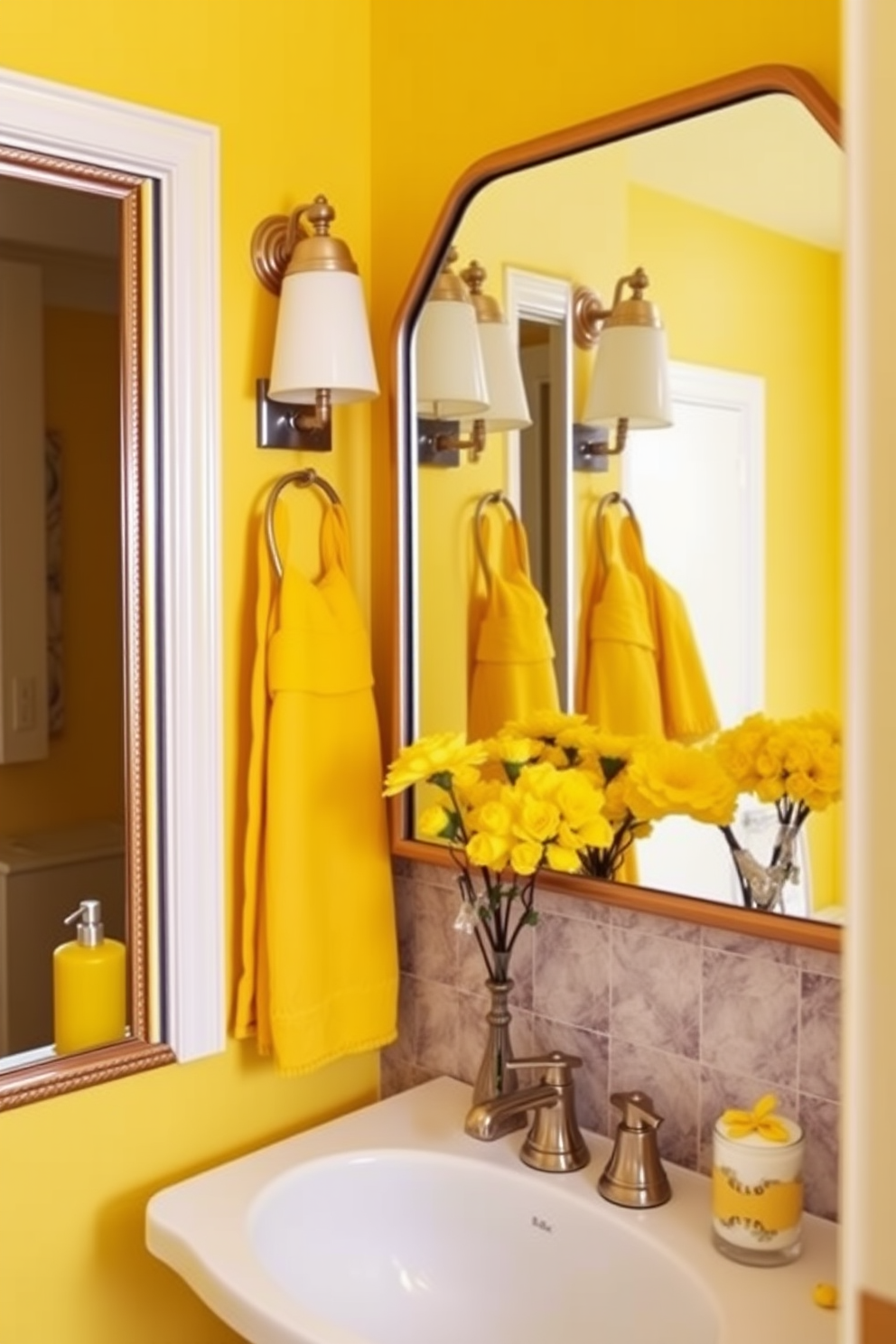 Chic yellow accessories enhance the overall aesthetic of the space, creating a vibrant and inviting atmosphere. The carefully selected accents, such as a yellow soap dispenser, towels, and decorative items, tie together the design seamlessly. The powder room features soft yellow walls that exude warmth and brightness. Complementing the yellow theme, stylish fixtures and elegant mirrors add a touch of sophistication to the design.