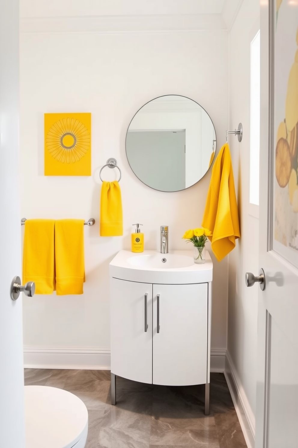 A bright and cheerful powder room featuring vibrant yellow towels that add a lively pop of color. The walls are painted in a soft white to create a fresh and airy atmosphere, while the floor is adorned with elegant gray tiles. The vanity is a sleek modern design with a polished chrome faucet and a small round mirror above it. Decorative accents include a stylish soap dispenser and a vibrant piece of wall art that complements the yellow towels.