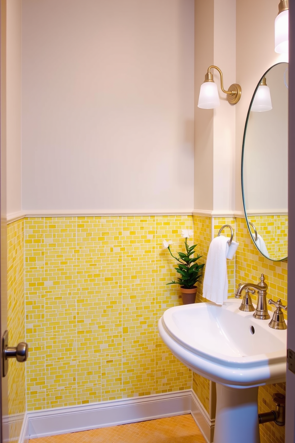 A vibrant powder room featuring yellow mosaic tiles as a unique backsplash. The room is accented with elegant fixtures and a stylish pedestal sink, creating a cheerful and inviting atmosphere. Soft lighting highlights the intricate tile work, while a small potted plant adds a touch of greenery. The walls are painted in a complementary shade, enhancing the overall brightness of the space.