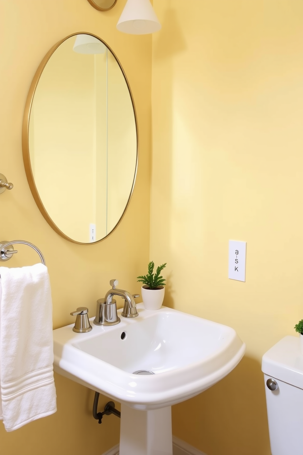 A serene powder room featuring soft buttery yellow walls that create a calming atmosphere. The space includes a stylish pedestal sink with elegant chrome fixtures and a round mirror framed in brushed gold. A plush white towel hangs neatly on a sleek towel rack beside the sink. A small potted plant sits on the countertop, adding a touch of greenery to the inviting yellow decor.