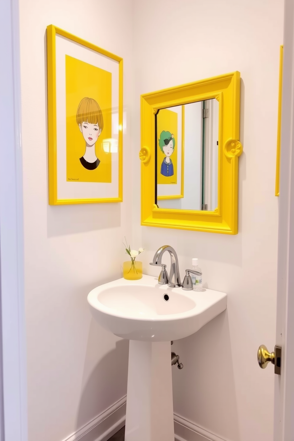 A stylish powder room featuring yellow framed artwork that adds a personal touch to the space. The walls are painted in a soft white, creating a bright and airy atmosphere while the yellow accents bring warmth and cheer. The powder room includes a sleek pedestal sink with a polished chrome faucet. A decorative mirror with a yellow frame complements the artwork, enhancing the cohesive design and inviting ambiance.